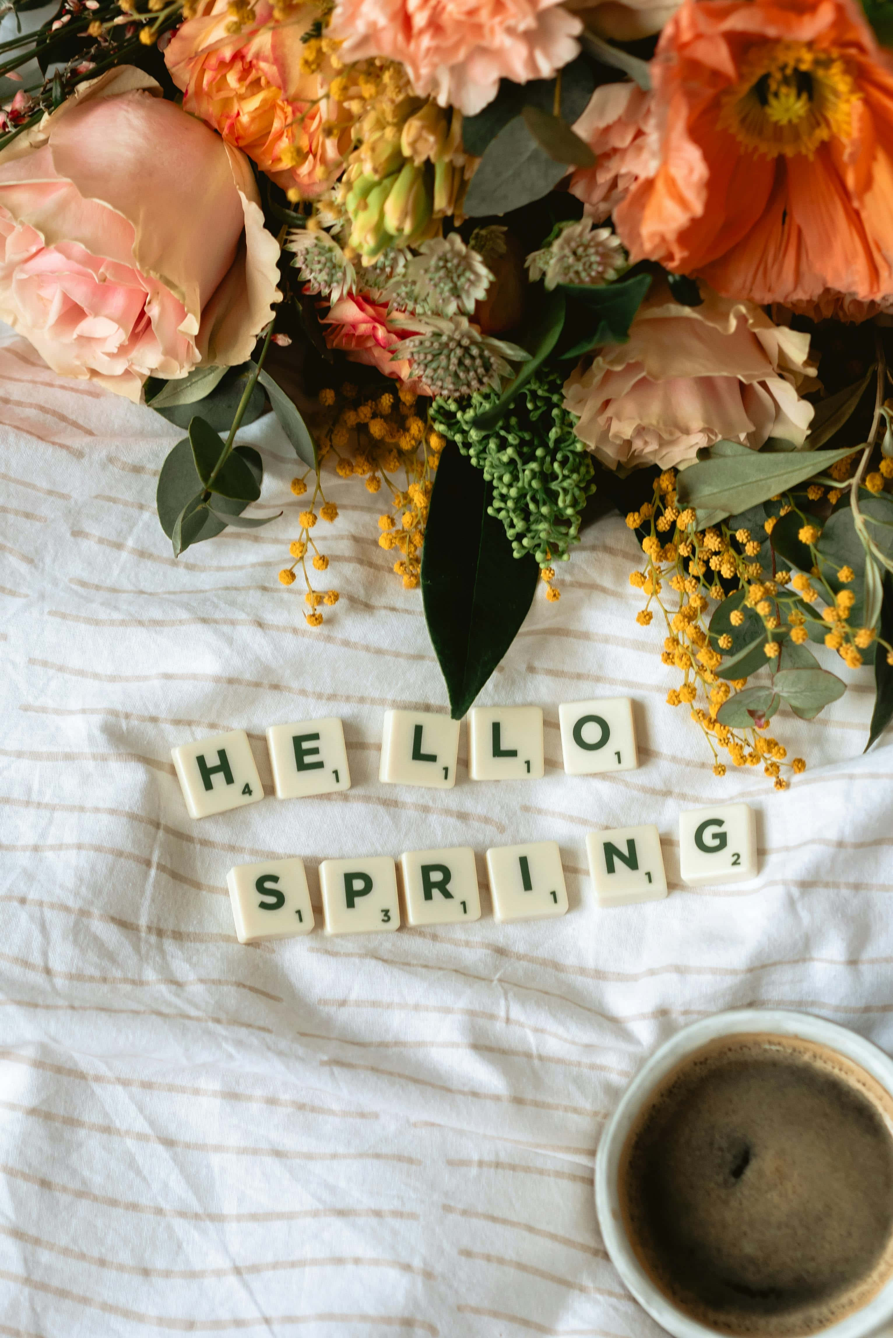 hello spring, Scrabble tiles, peach flowers, 4K Phone Wallpaper
