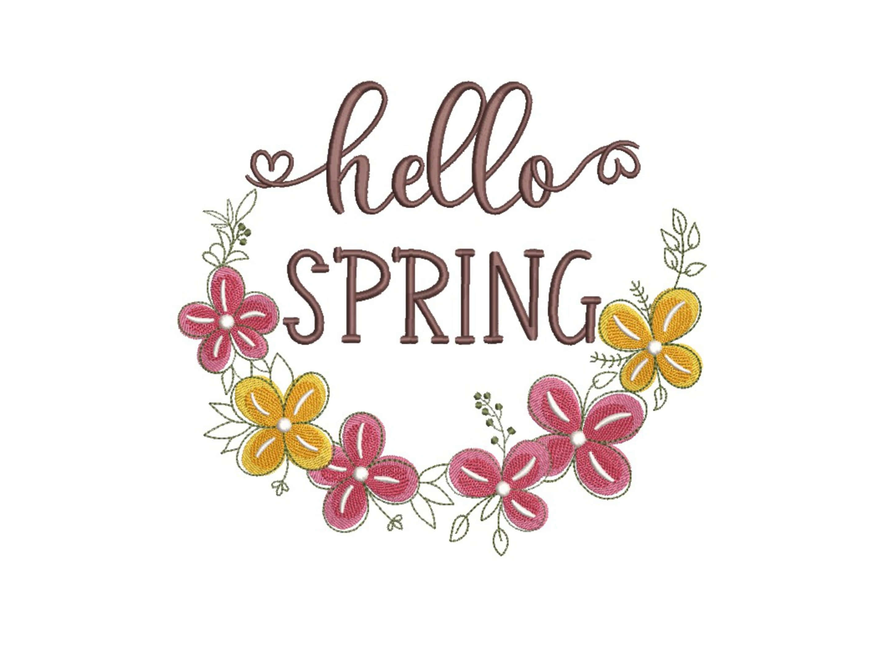 hello spring, floral embroidery design, pink and yellow flowers, 2K Desktop Wallpaper