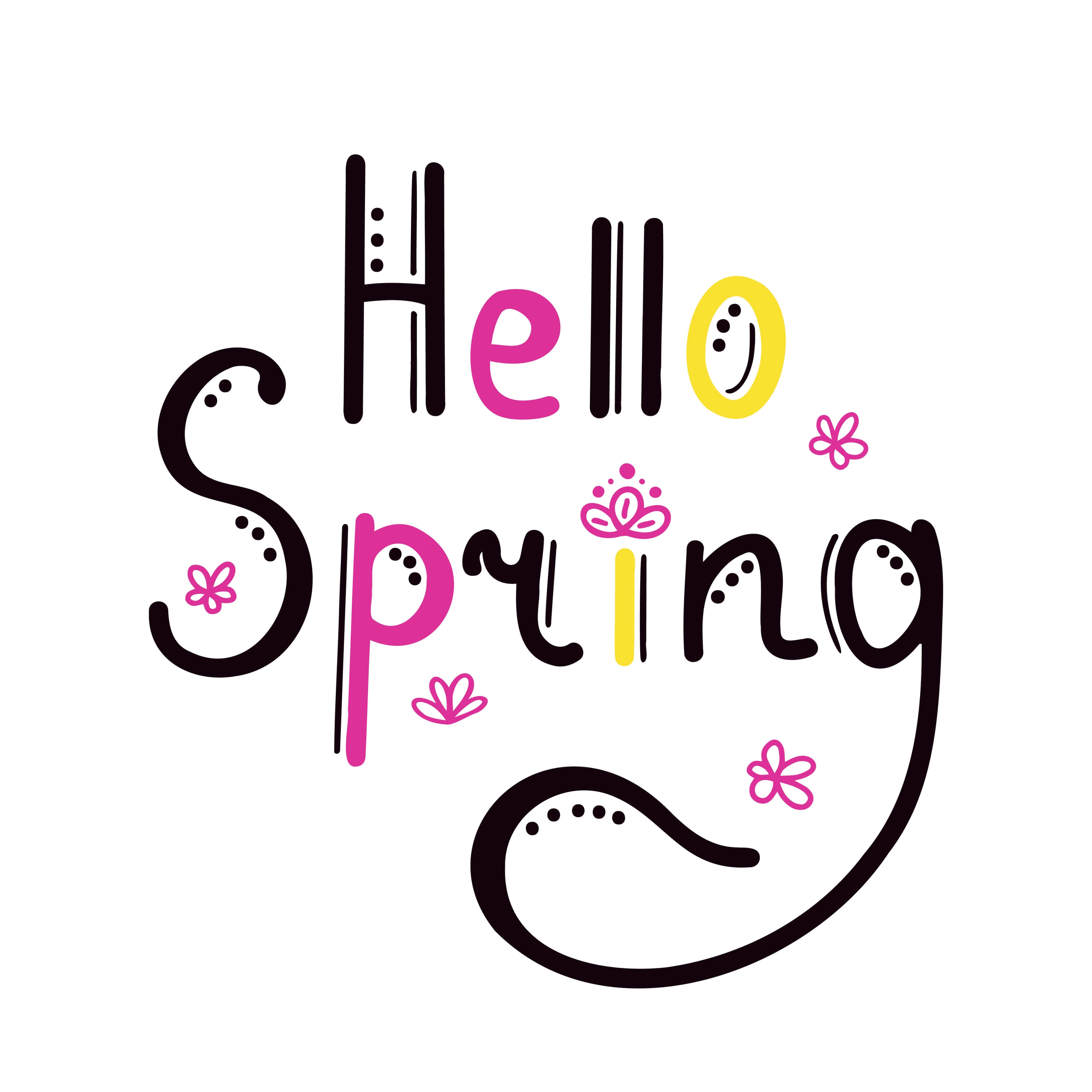 Hello Spring, pink flowers, white background, 2K Desktop Wallpaper