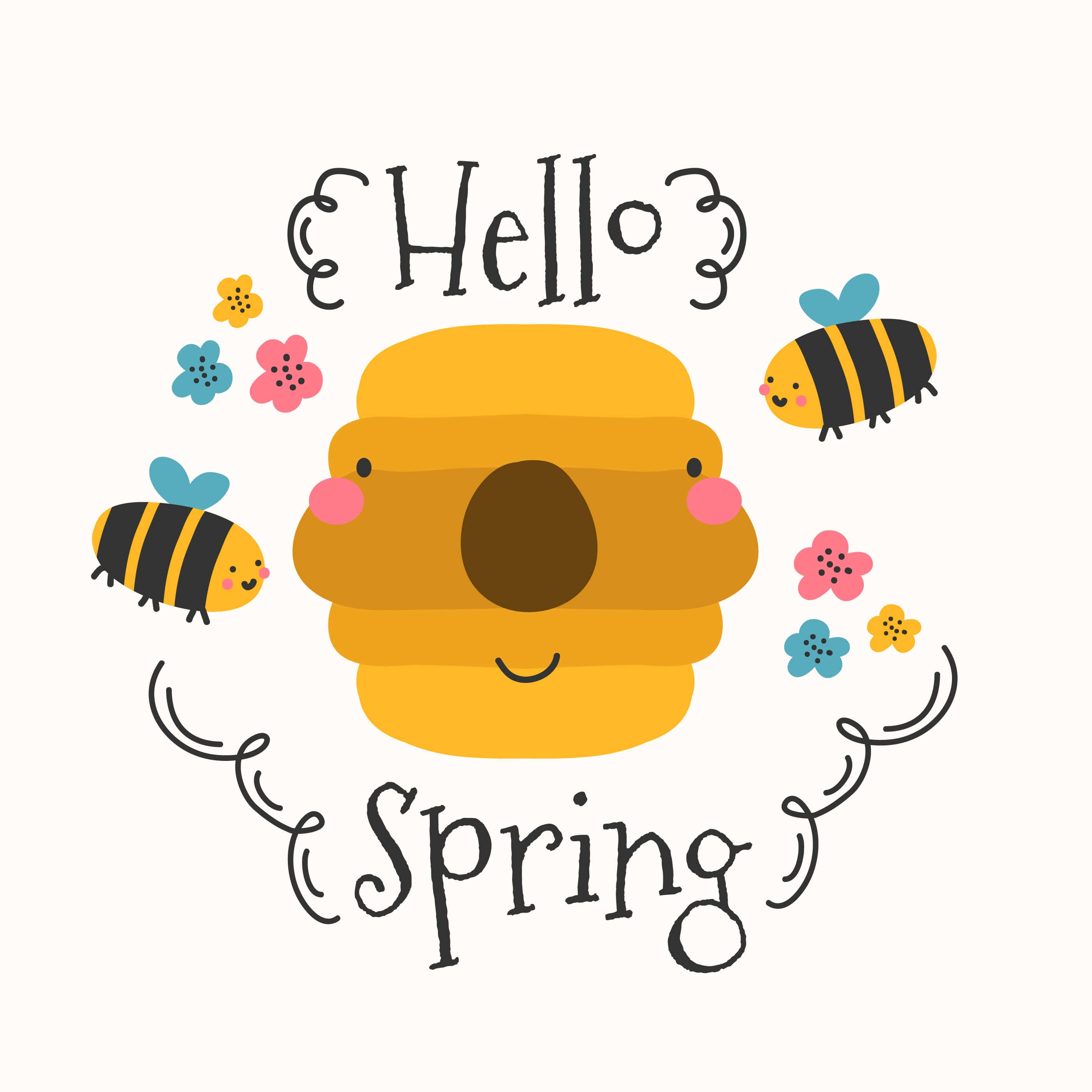 Hello Spring, beehive, smiling faces, 2K Desktop Wallpaper