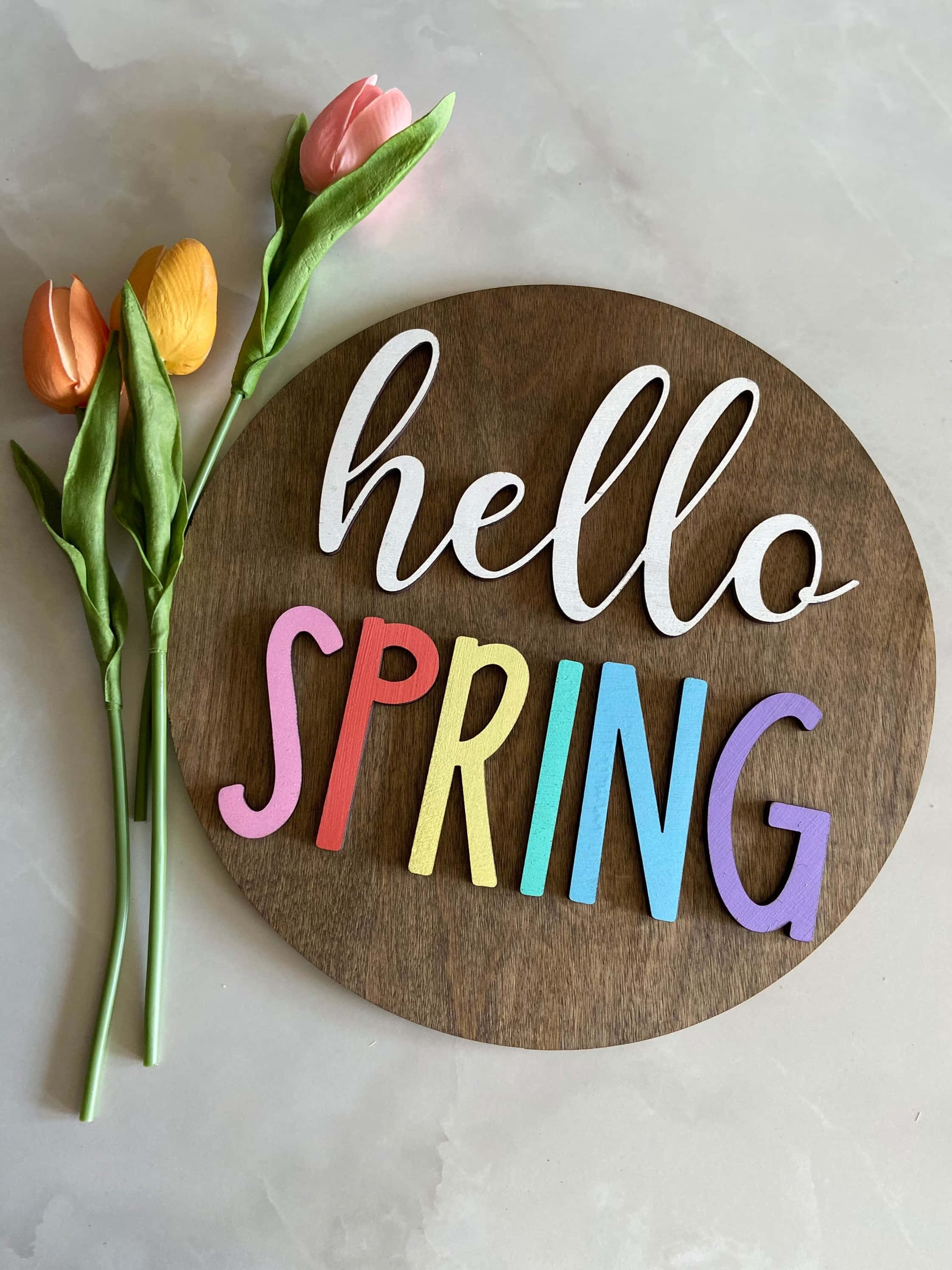 Hello Spring, wooden sign, tulips, 2K Phone Wallpaper