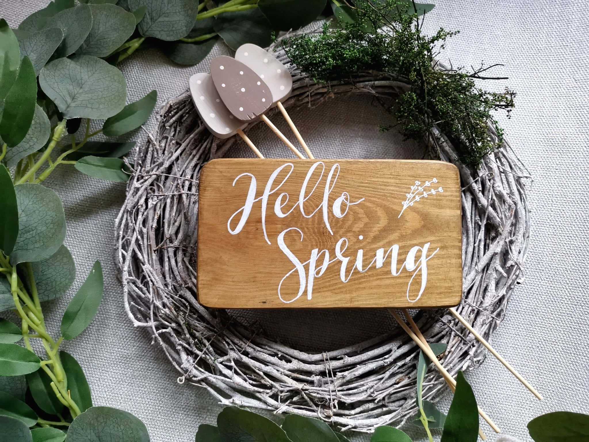 Hello Spring, rustic wooden sign, twig wreath, Full HD Desktop Wallpaper