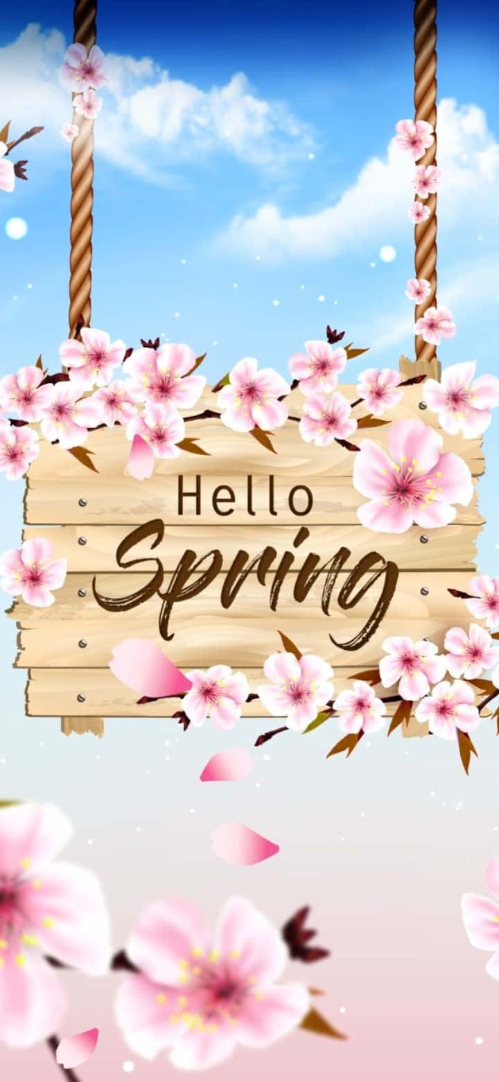 Hello Spring, floral wooden sign, blue sky, HD Phone Wallpaper