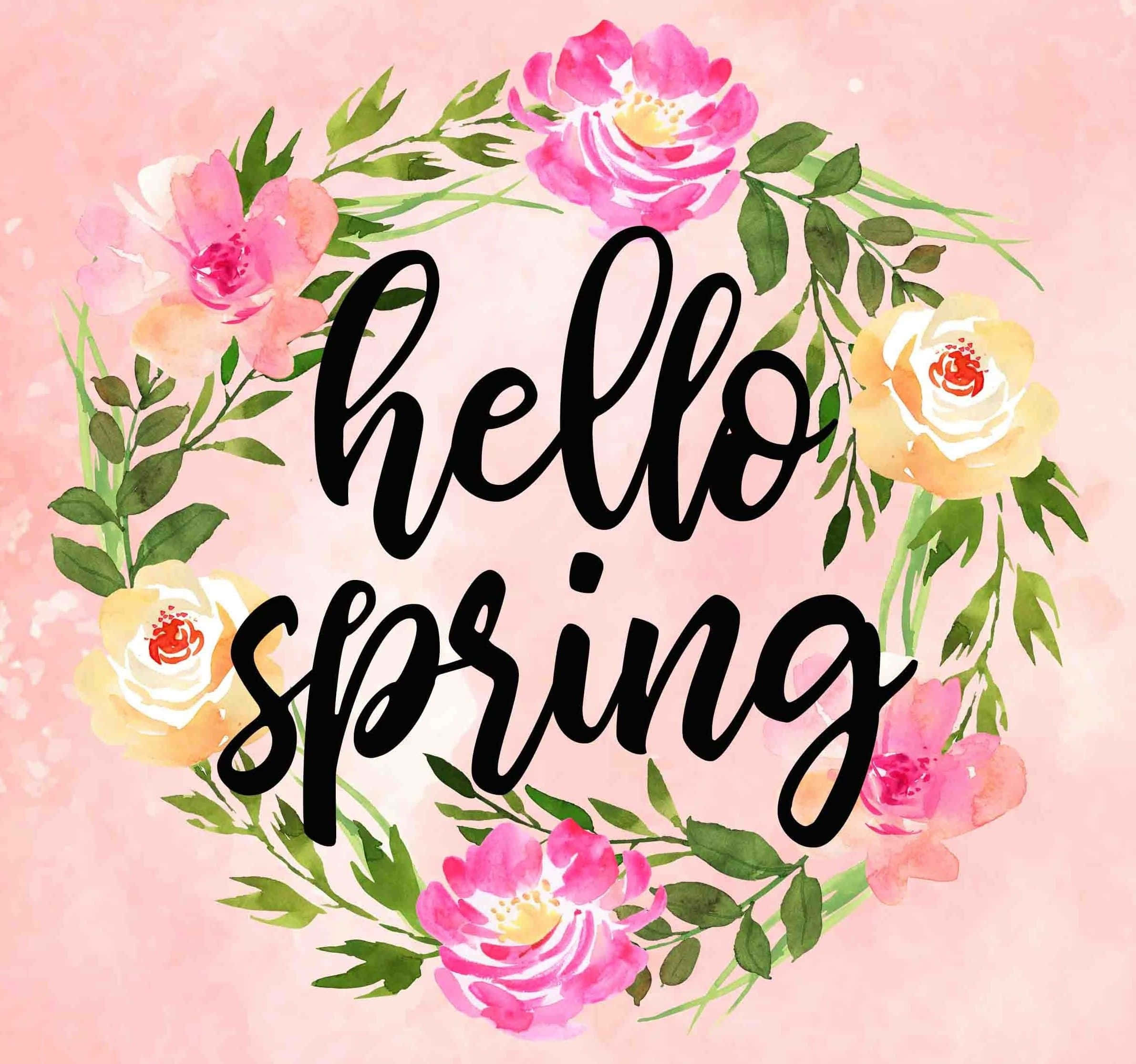 Hello Spring, floral wreath, pink and yellow roses, Full HD Desktop Wallpaper