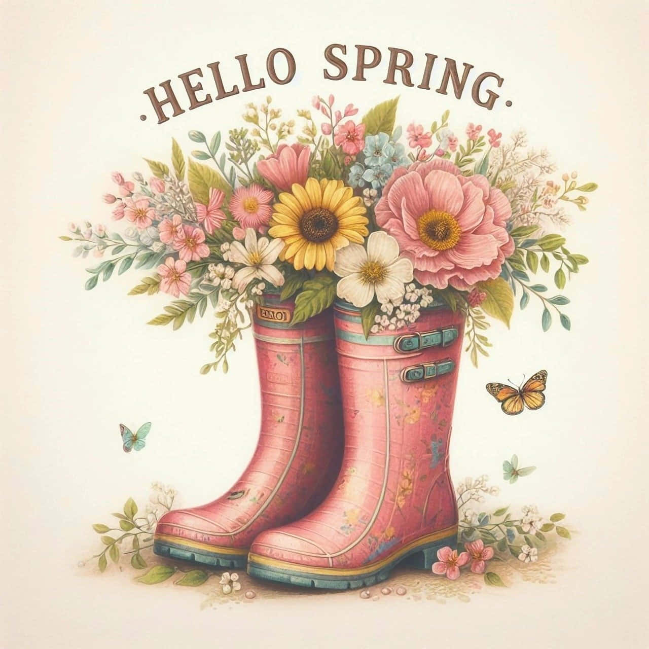 Hello Spring, pink rain boots, vibrant spring flowers, HD Desktop Wallpaper