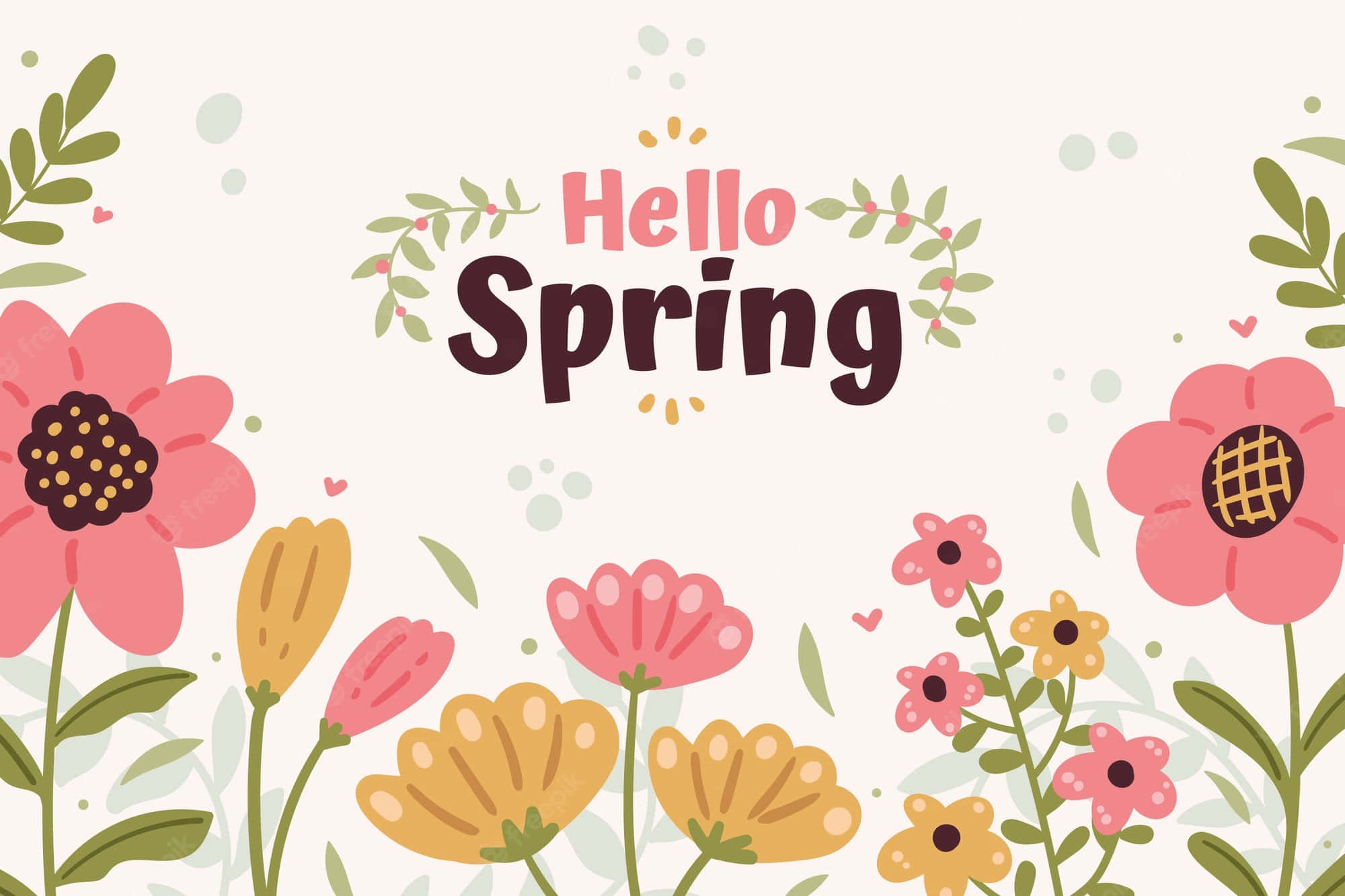 Hello Spring, vibrant spring flowers, cheerful 'Hello Spring' text, Full HD Desktop Wallpaper
