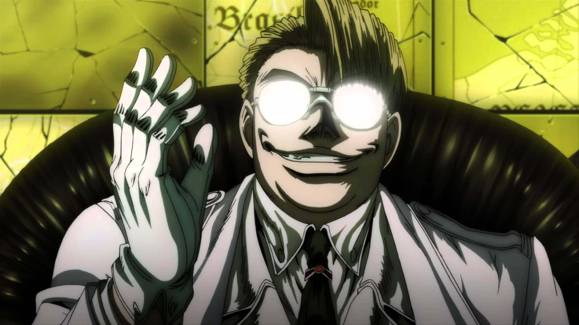 Hellsing The Major, gleeful expression, glowing white glasses, Full HD Desktop Wallpaper