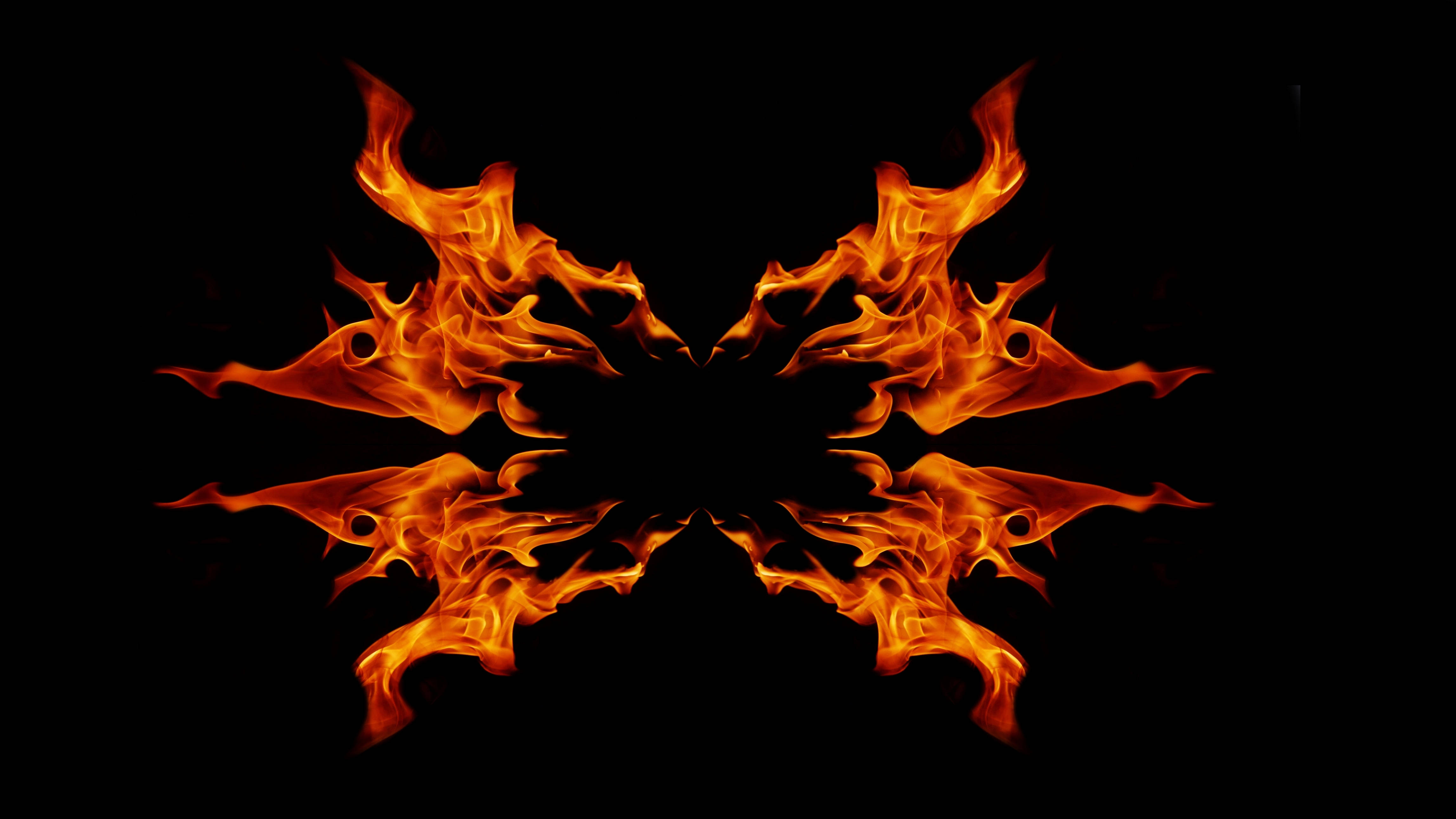 Helltaker, Vivid orange flames, symmetrical butterfly shape, 4K Desktop Wallpaper