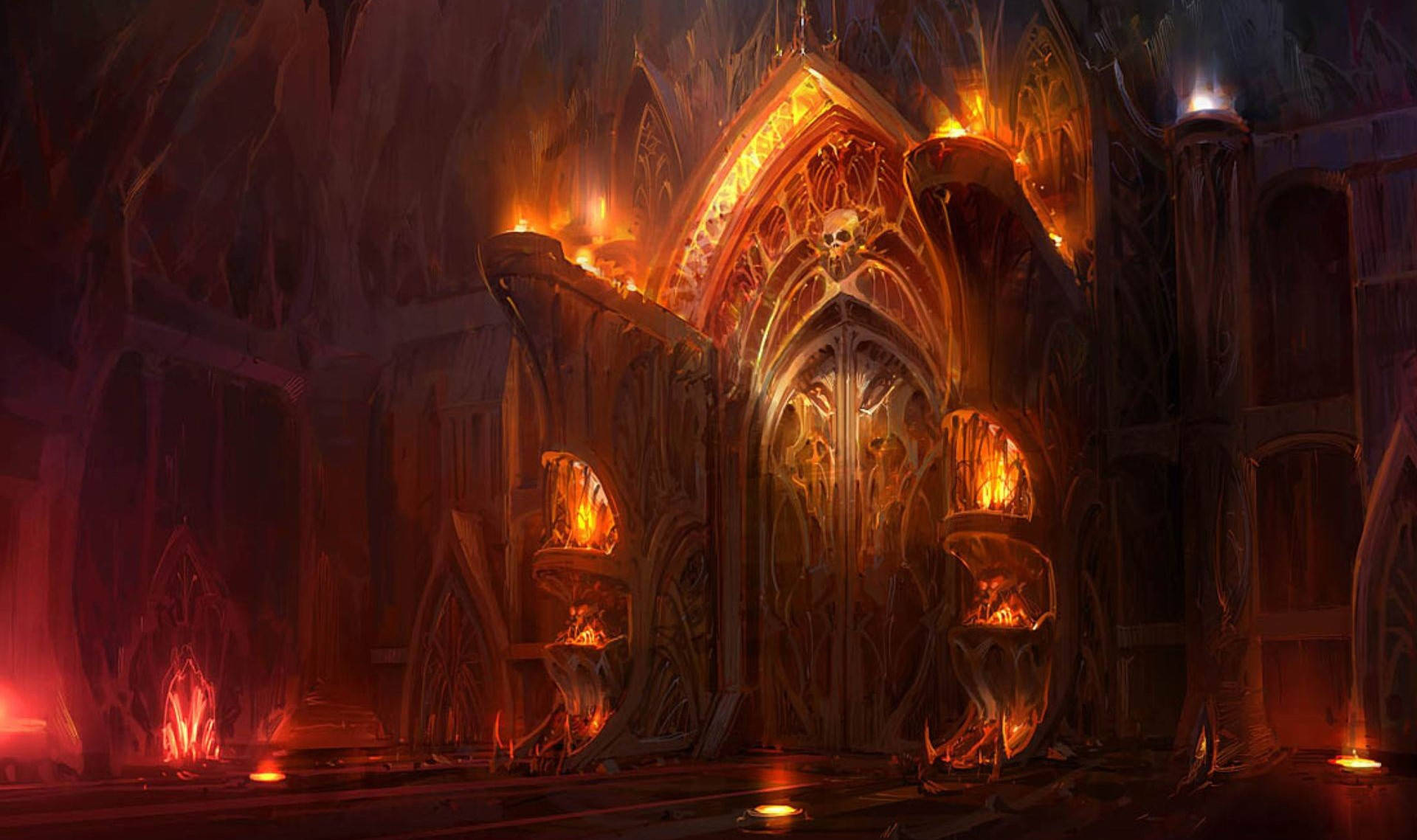 Helltaker, gothic cathedral, fiery orange light, Full HD Desktop Wallpaper