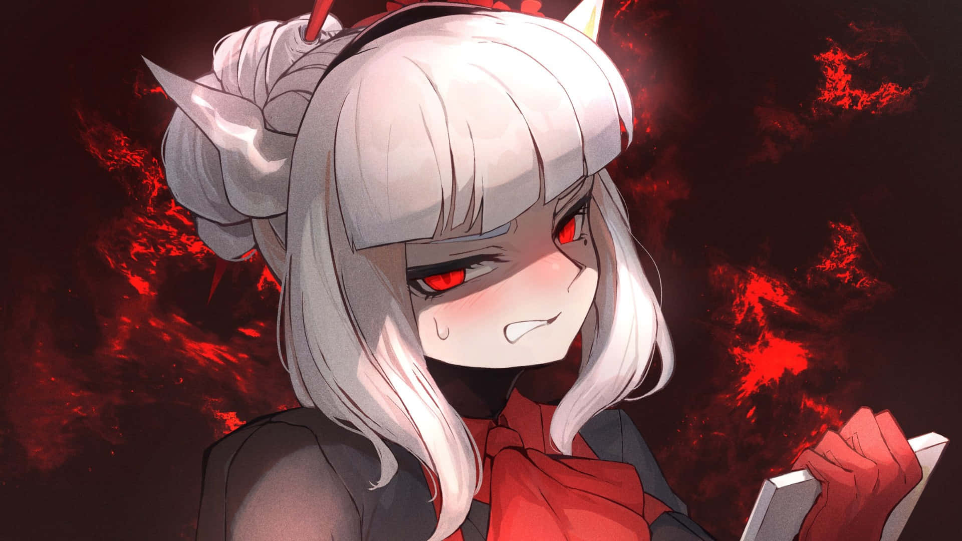 Helltaker, white-haired anime girl, red eyes, Full HD Desktop Wallpaper