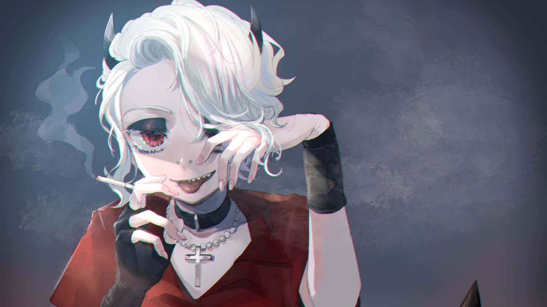 Helltaker, white hair, red eyes, Full HD Desktop Wallpaper