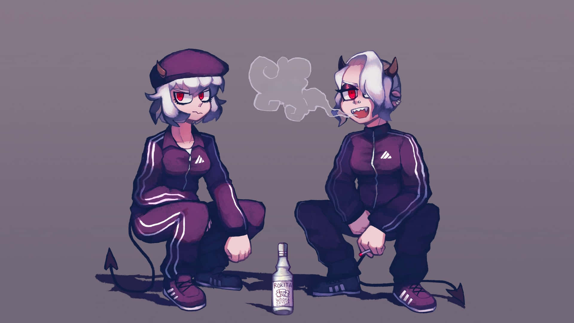 Helltaker, purple tracksuits, anime-style devil characters, Full HD Desktop Wallpaper