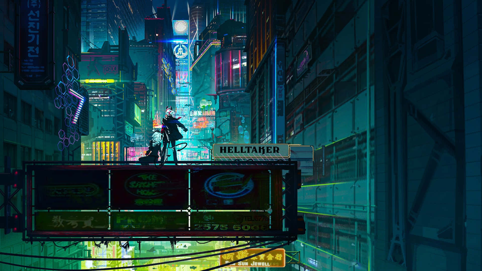 Helltaker, cyberpunk cityscape, glowing billboard, Full HD Desktop Wallpaper