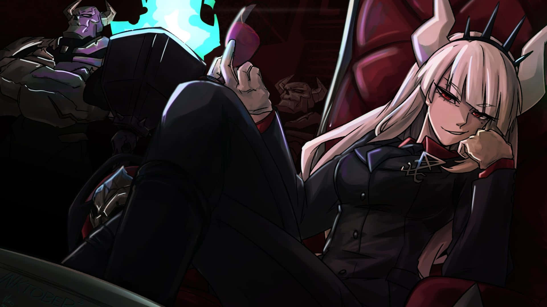Helltaker, pink-haired anime girl, horns, Full HD Desktop Wallpaper