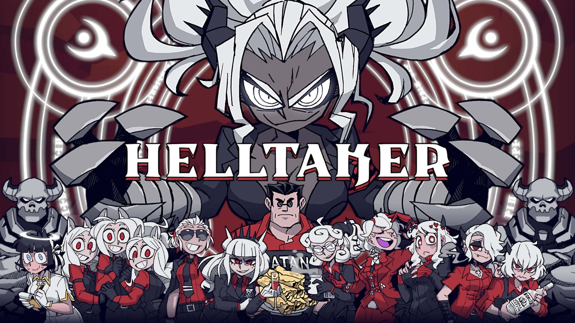 Helltaker, white hair, red and black attire, Full HD Desktop Wallpaper