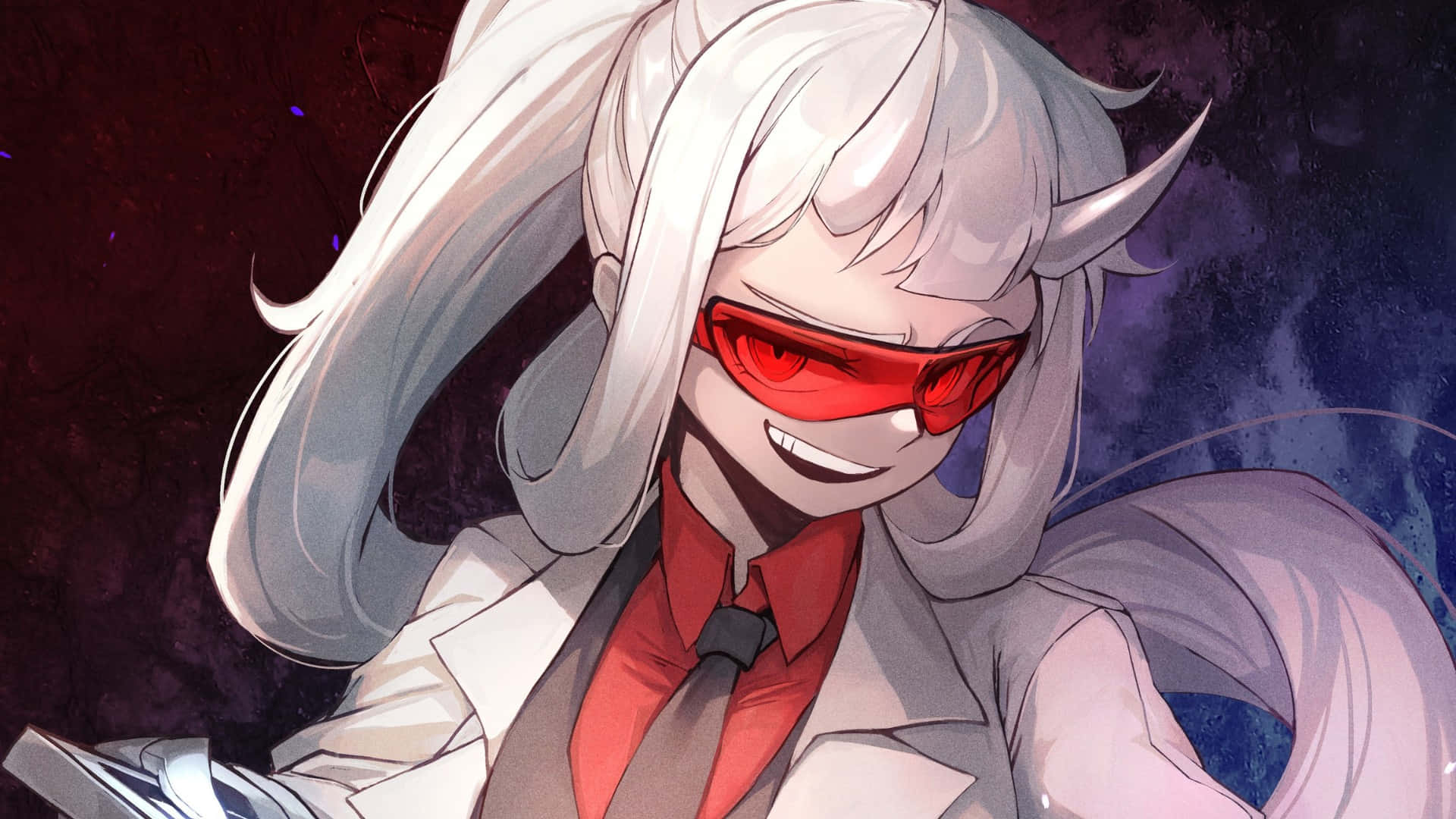 Helltaker, white-haired anime character, red goggles, Full HD Desktop Wallpaper