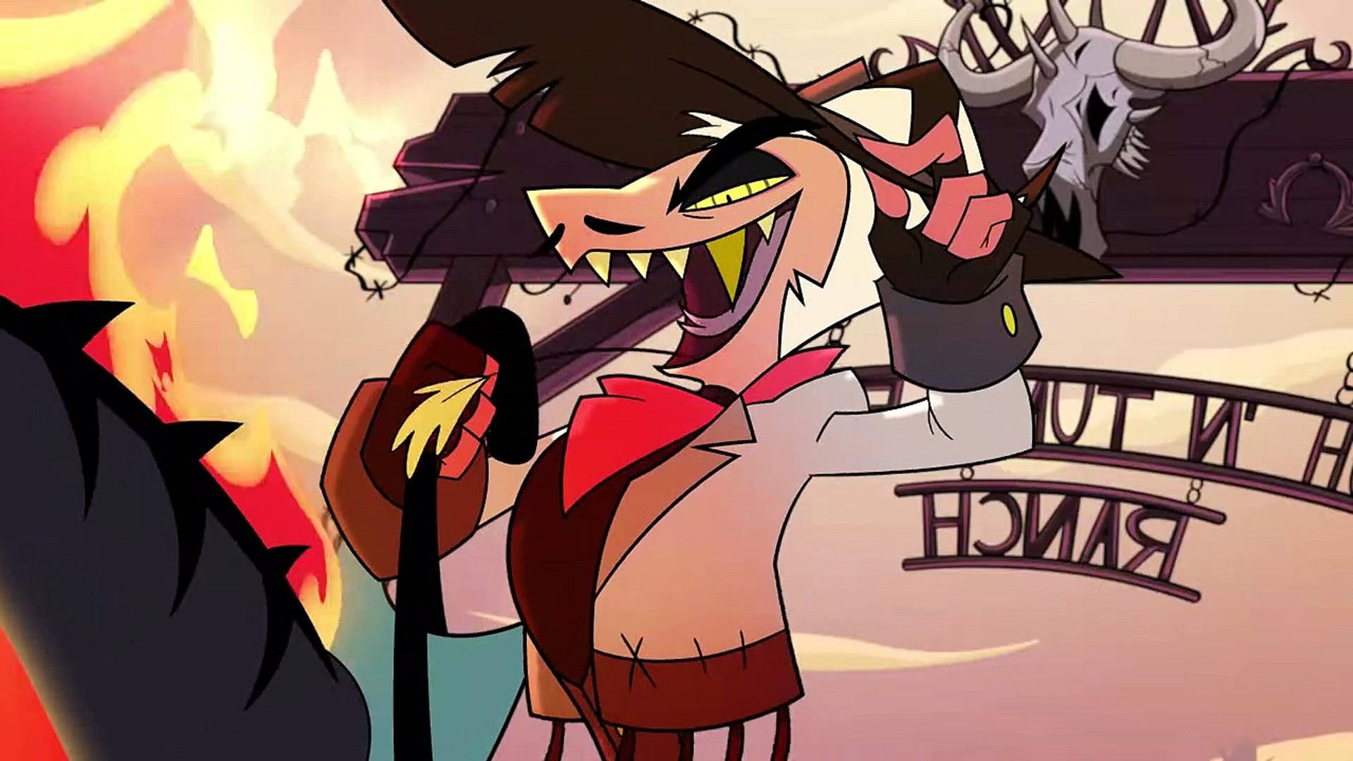 Helluva Boss, roast striker, flaming ranch sign, Full HD Desktop Wallpaper