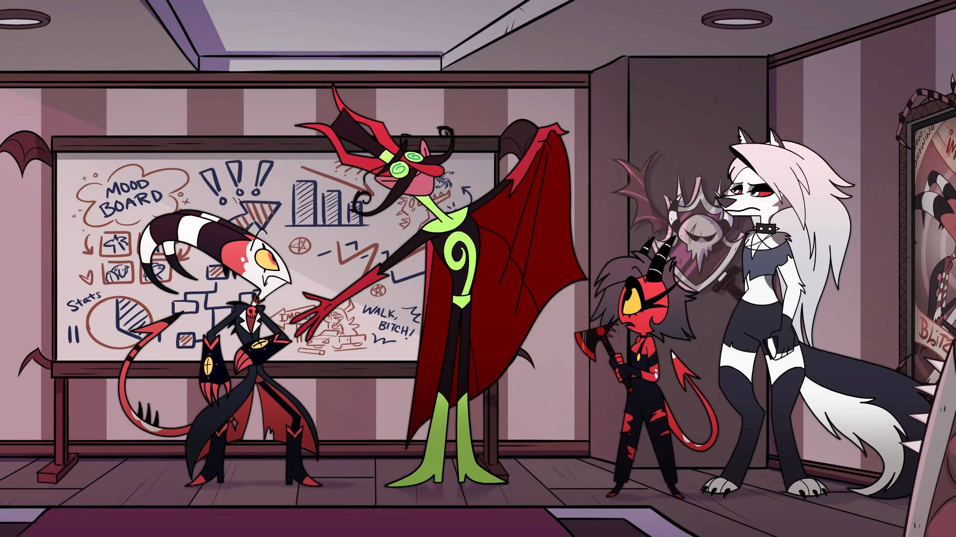 Helluva Boss, devil characters, dimly lit office, Full HD Desktop Wallpaper