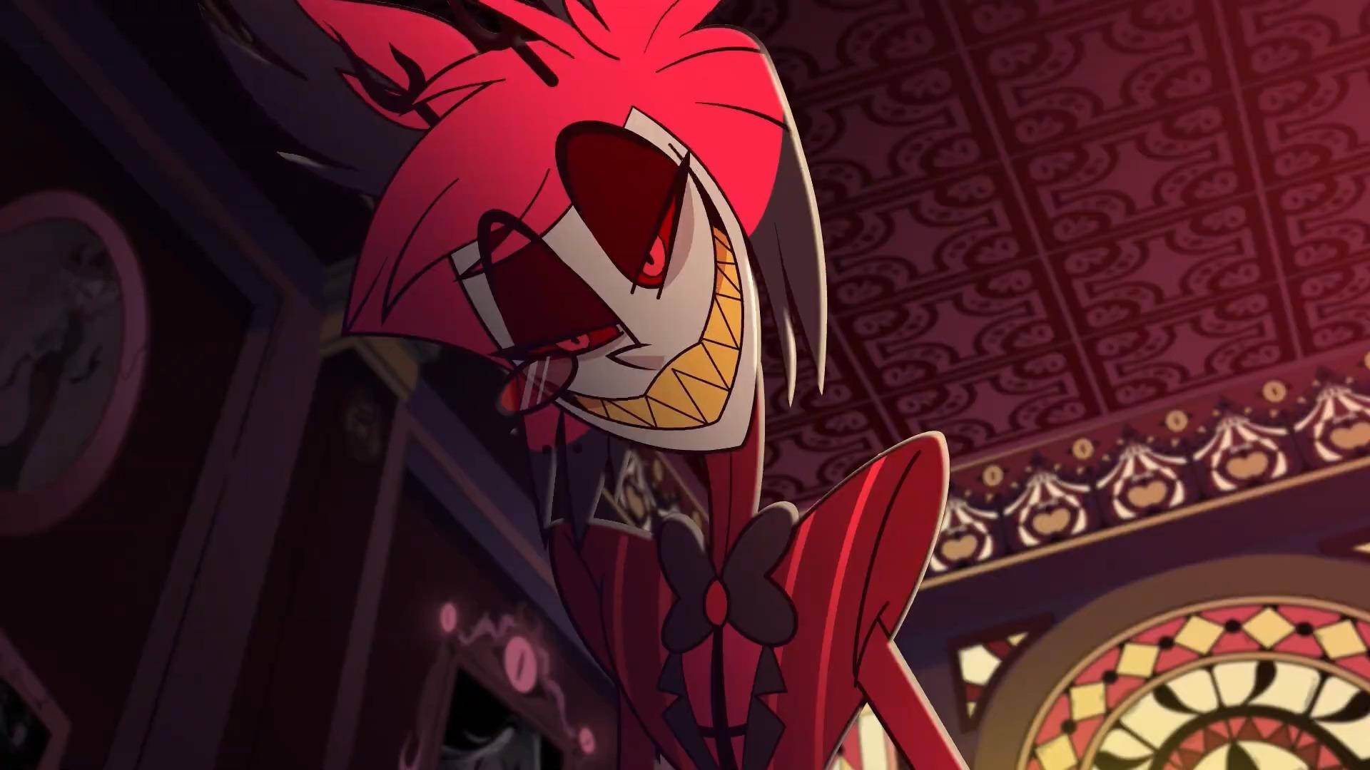 Helluva Boss, red-haired anime character, wide grin, Full HD Desktop Wallpaper