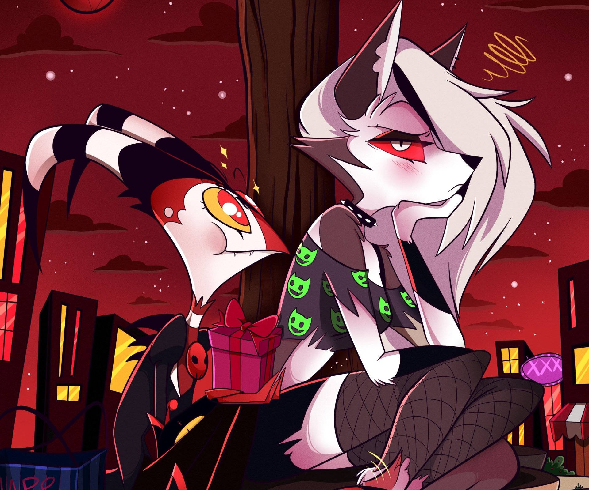Helluva Boss, courtship scene, red eyes, Full HD Desktop Wallpaper