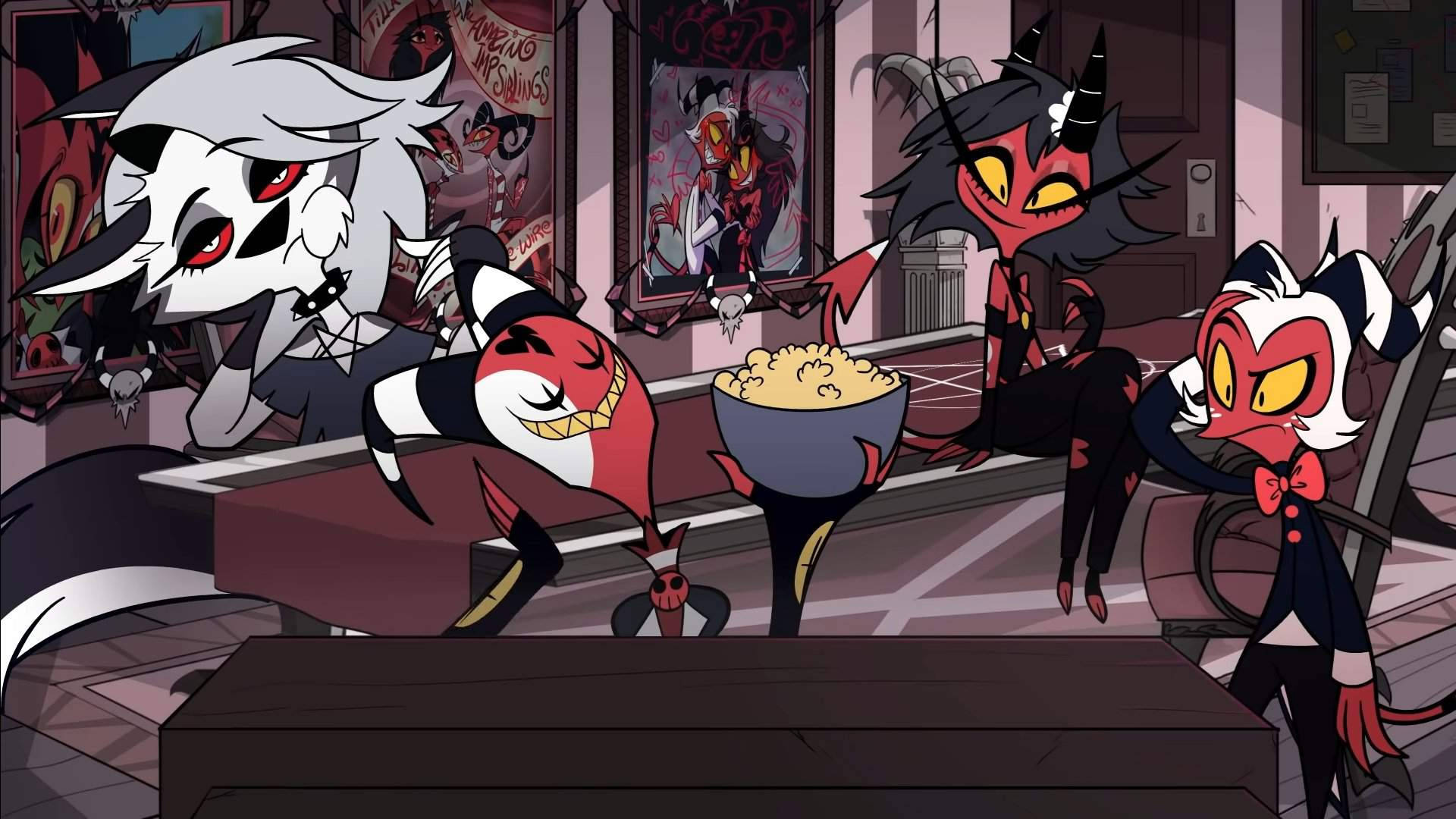 Helluva Boss, demonic anime characters, giant bowl of popcorn, Full HD Desktop Wallpaper