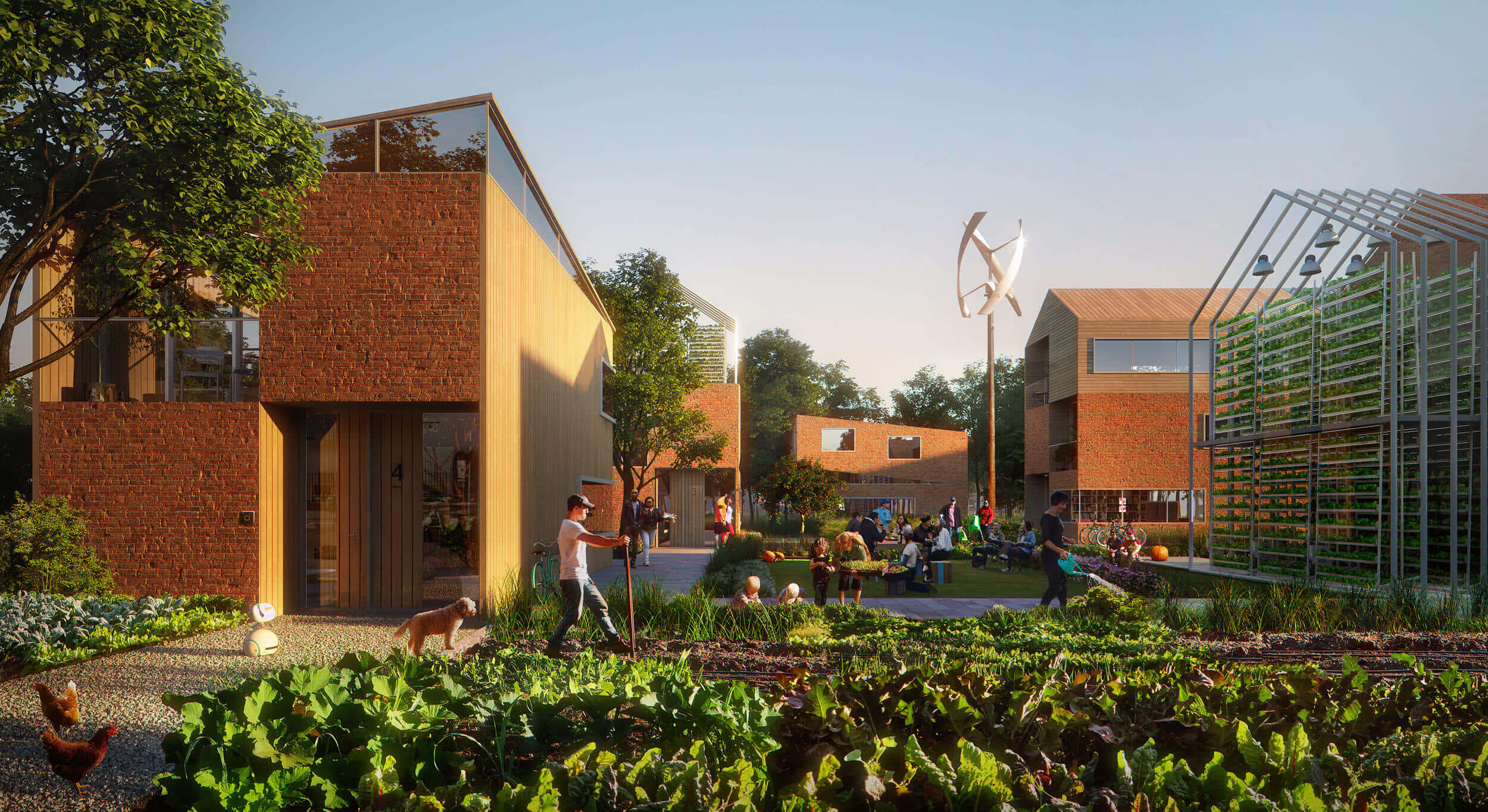 Helmond, community garden, modern brick and wood houses, Full HD Desktop Wallpaper