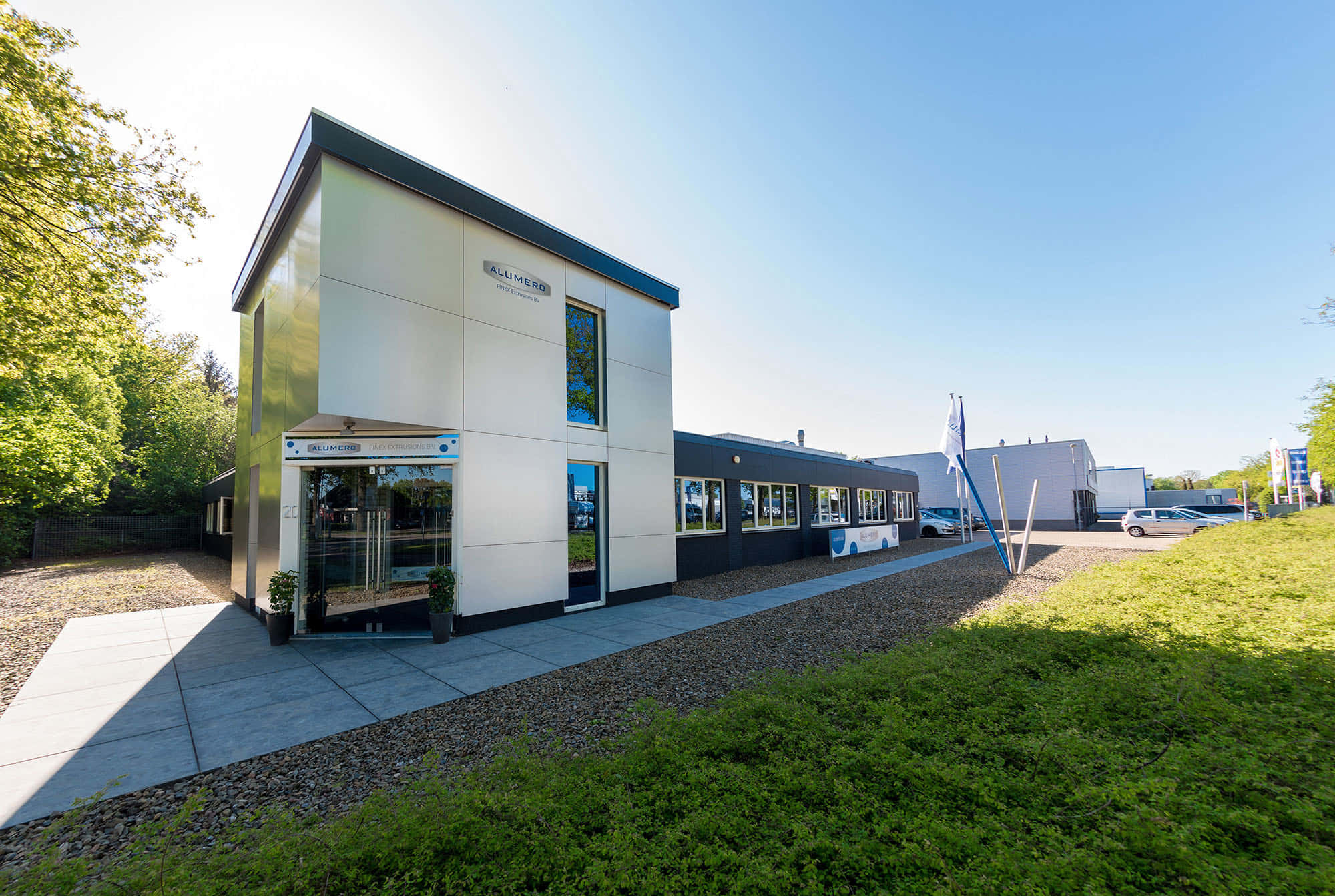 Helmond, modern two-story office building, white and black panels, Full HD Desktop Wallpaper