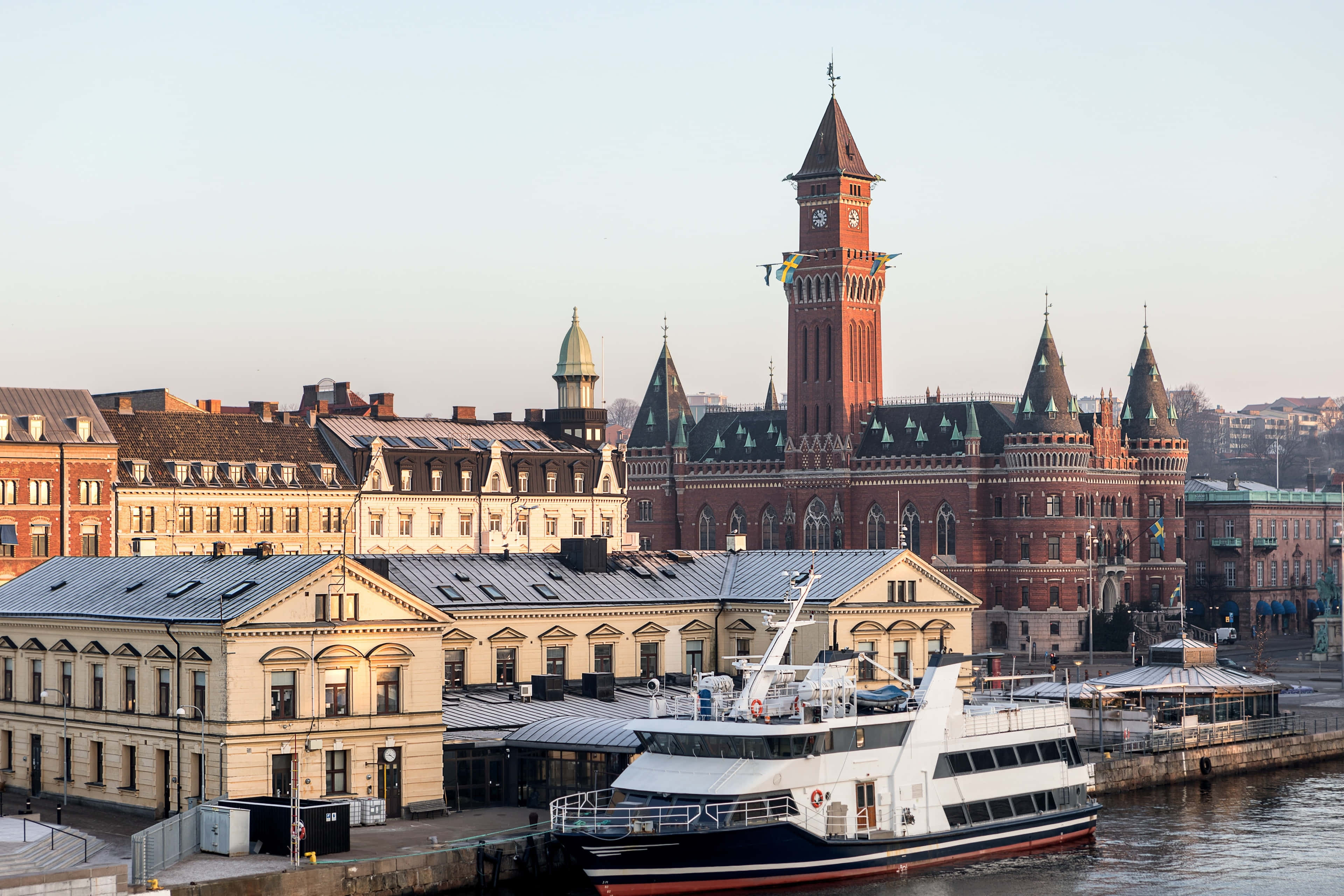 Helsingborg, waterfront, red brick city hall, 4K Desktop Wallpaper
