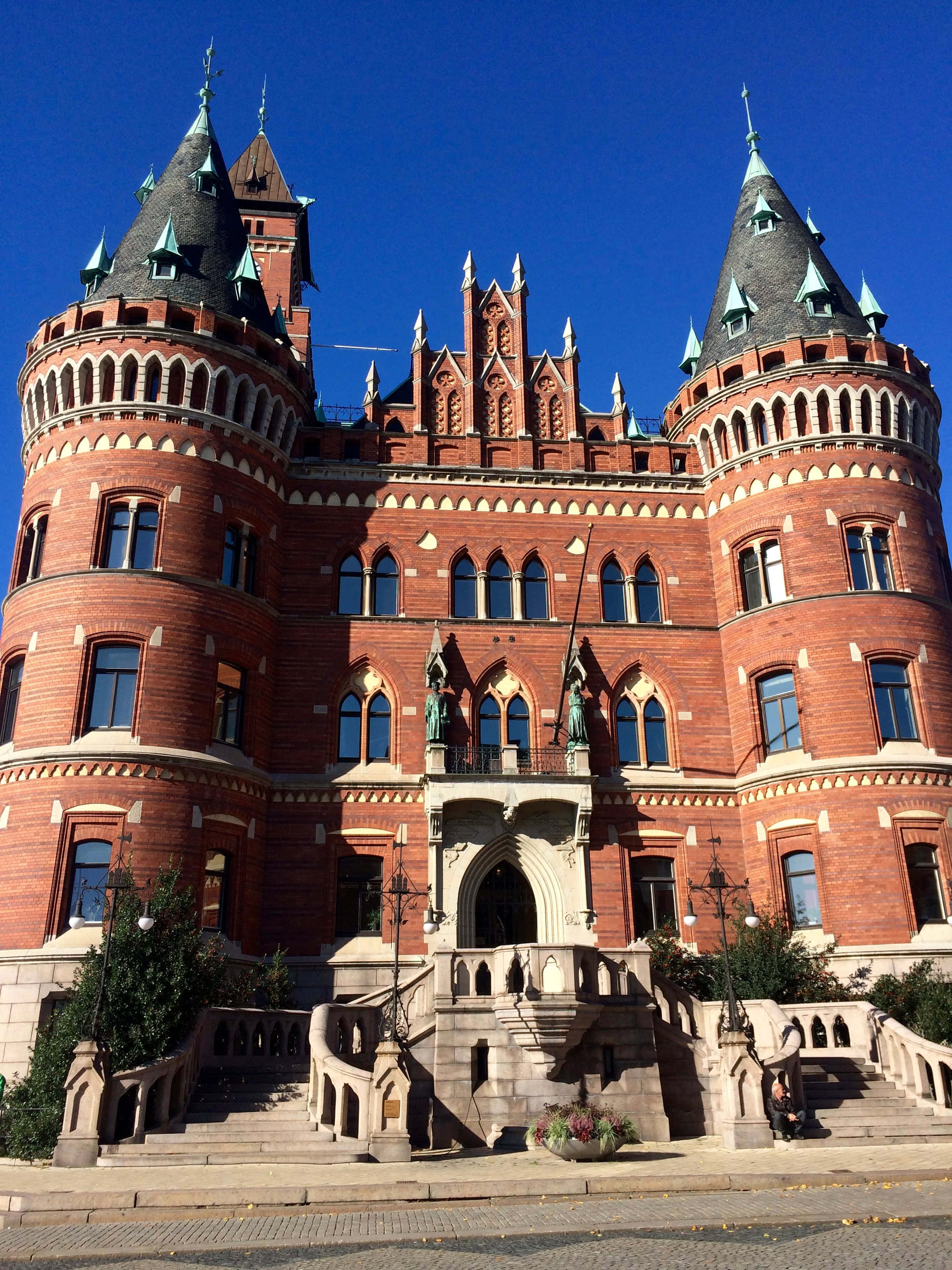 Helsingborg, red brick castle, green spires, 2K Phone Wallpaper