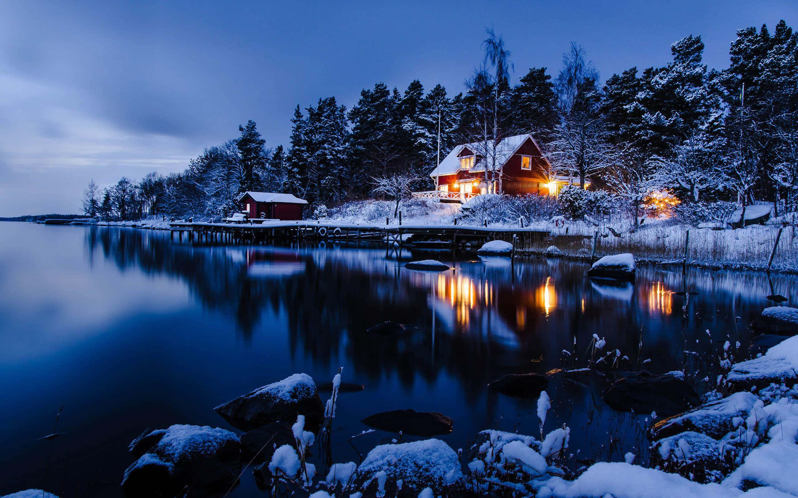 Helsingborg, lakeside, winter evening, 2K Desktop Wallpaper