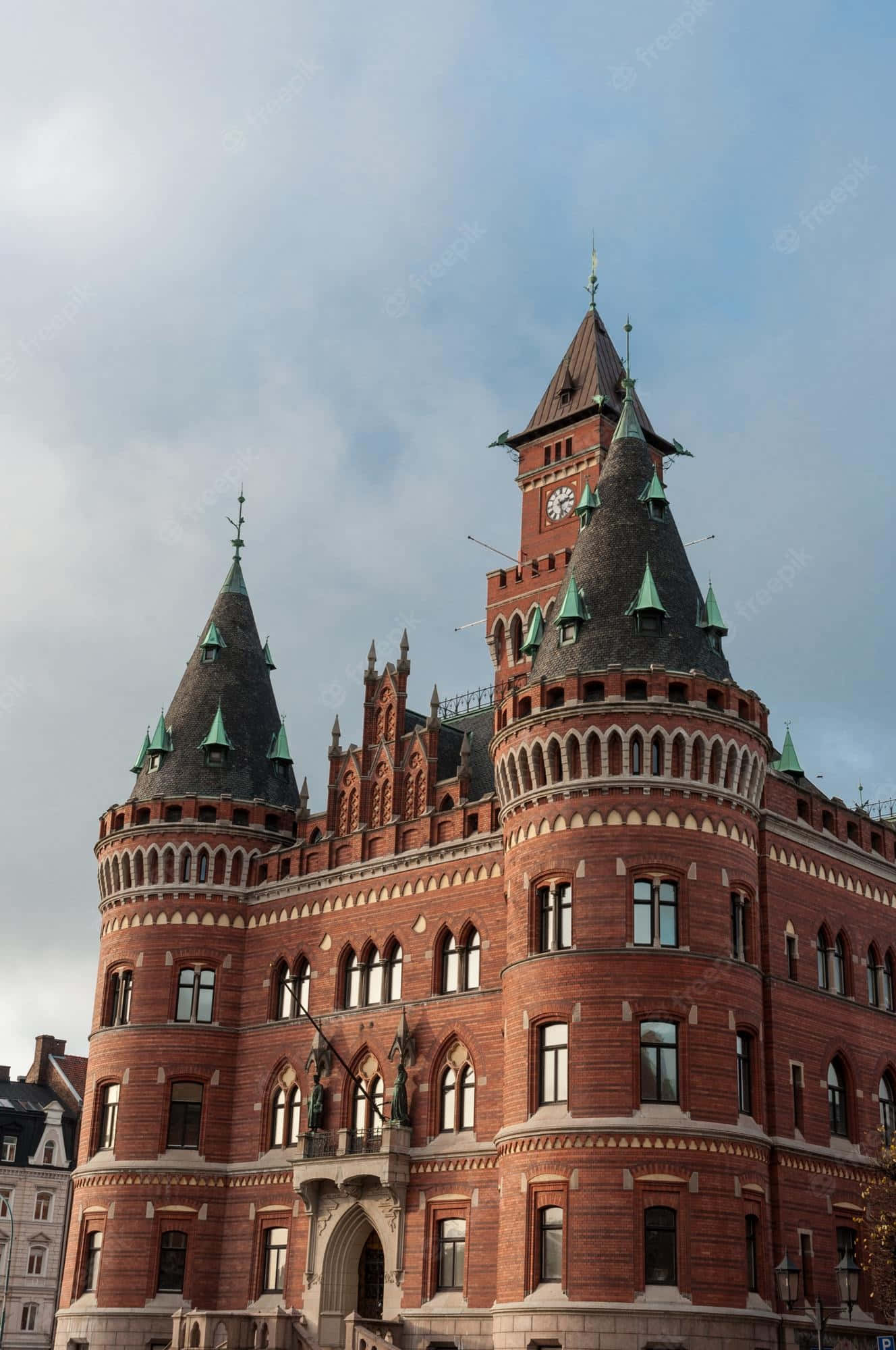 Helsingborg, red brick, green spires, Full HD Phone Wallpaper