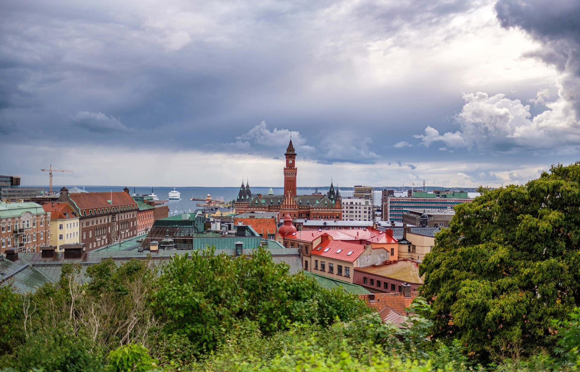 Helsingborg, cloudy sky, coastal cityscape, Full HD Desktop Wallpaper