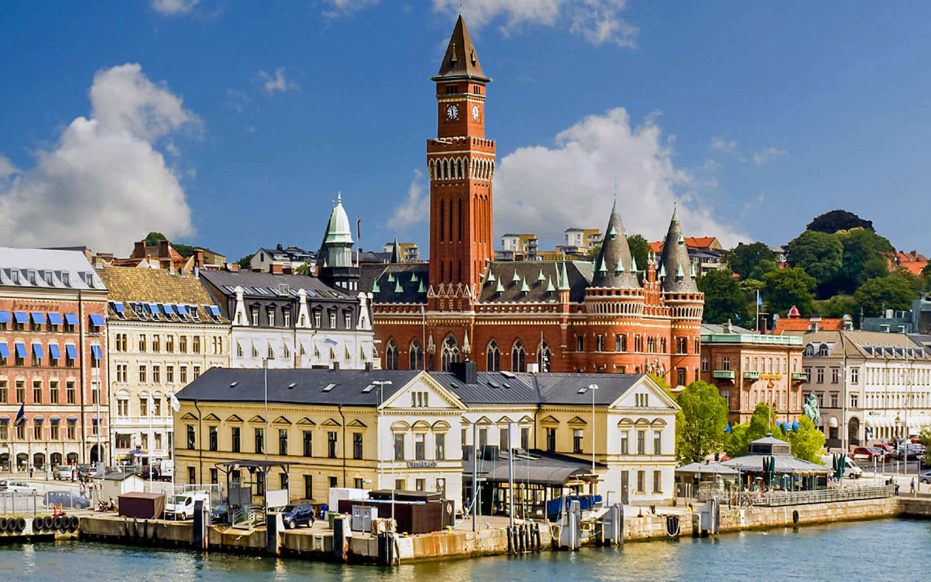 Helsingborg, waterfront, historic red brick towers, Full HD Desktop Wallpaper