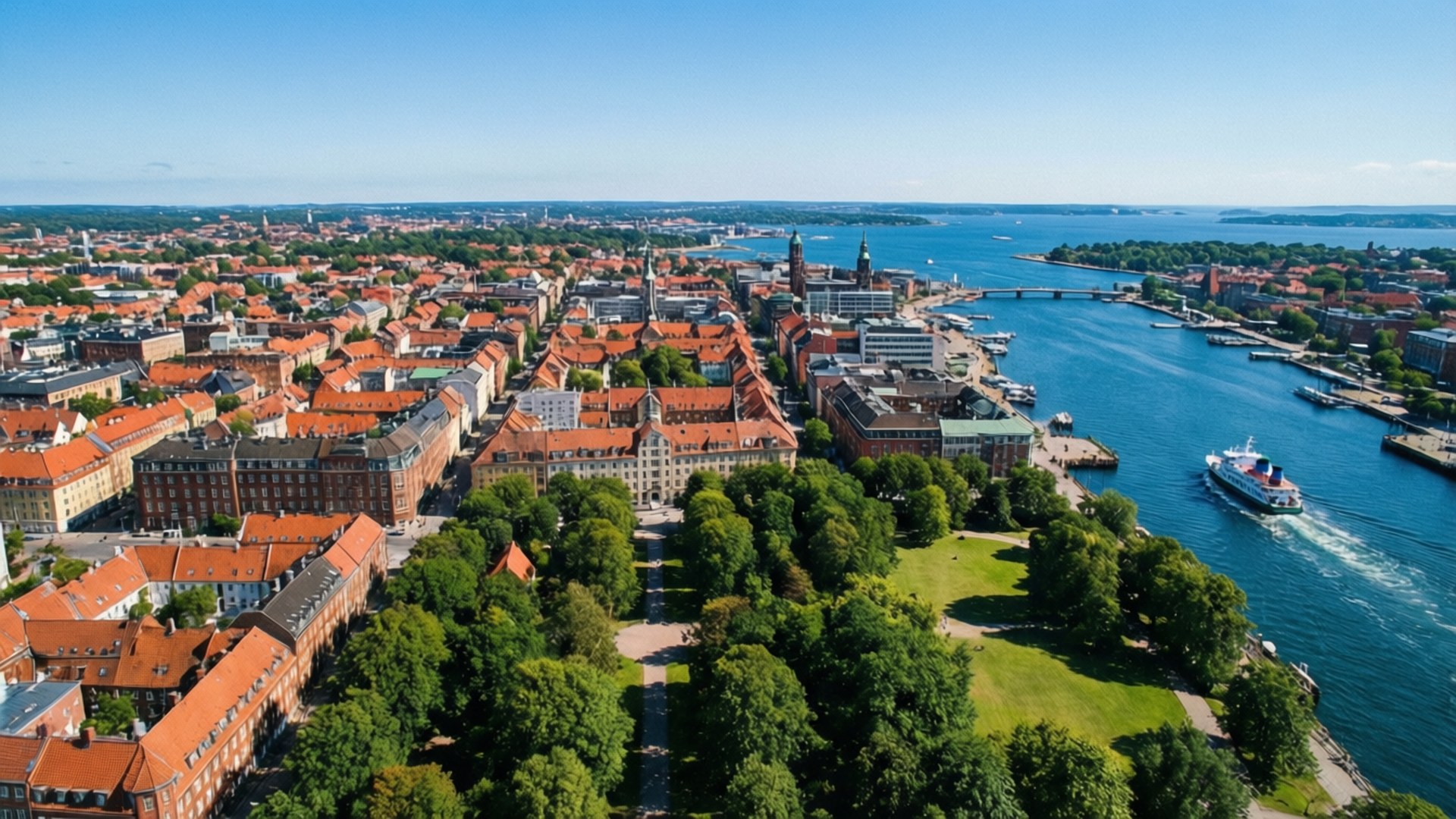 Helsingborg, aerial drone view, urban layout, Full HD Desktop Wallpaper