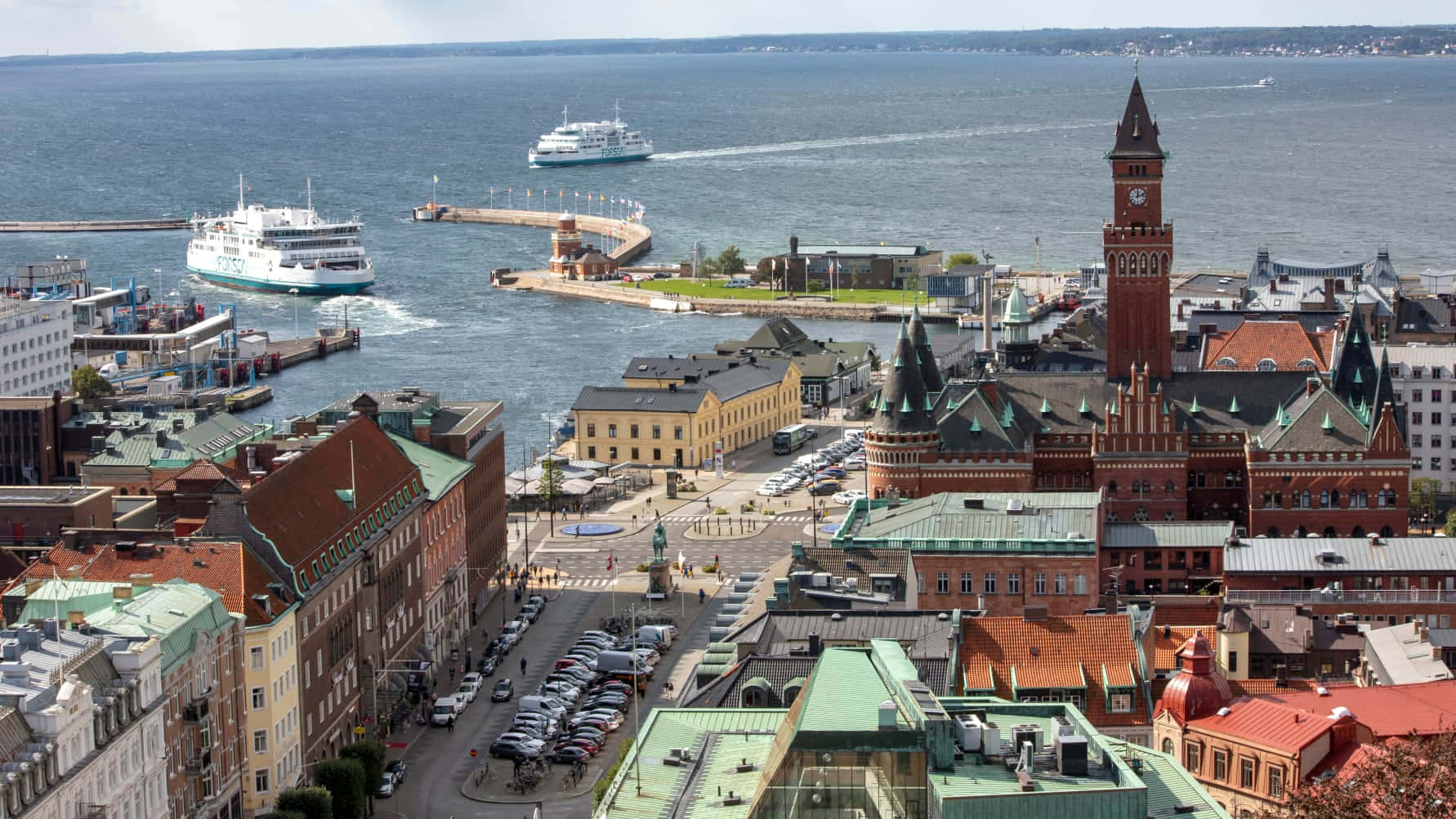 Helsingborg, red-roofed buildings, clock tower, HD Desktop Wallpaper