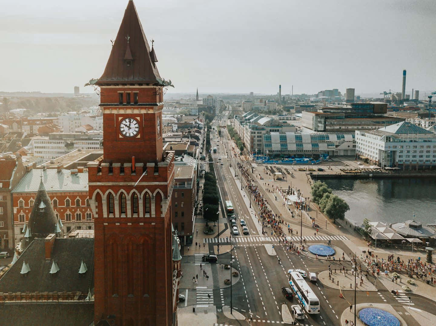 Helsingborg, red brick clock tower, bustling city street, HD Desktop Wallpaper