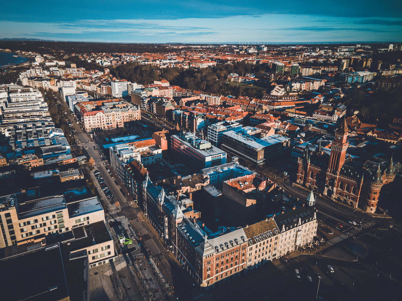 Helsingborg, spectacular sunset, aerial view, HD Desktop Wallpaper