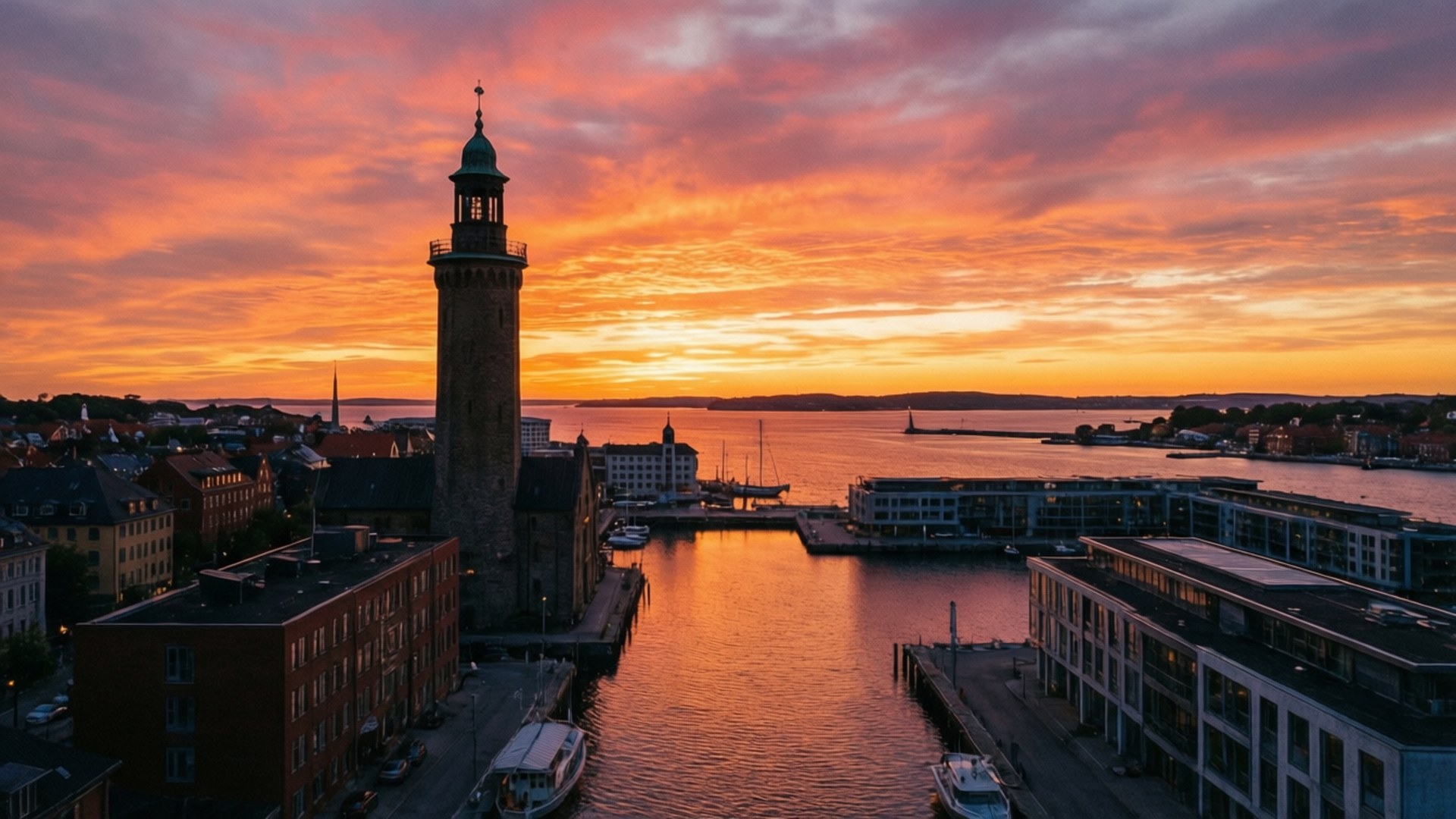 Helsingborg, sunset, panorama, Full HD Desktop Wallpaper