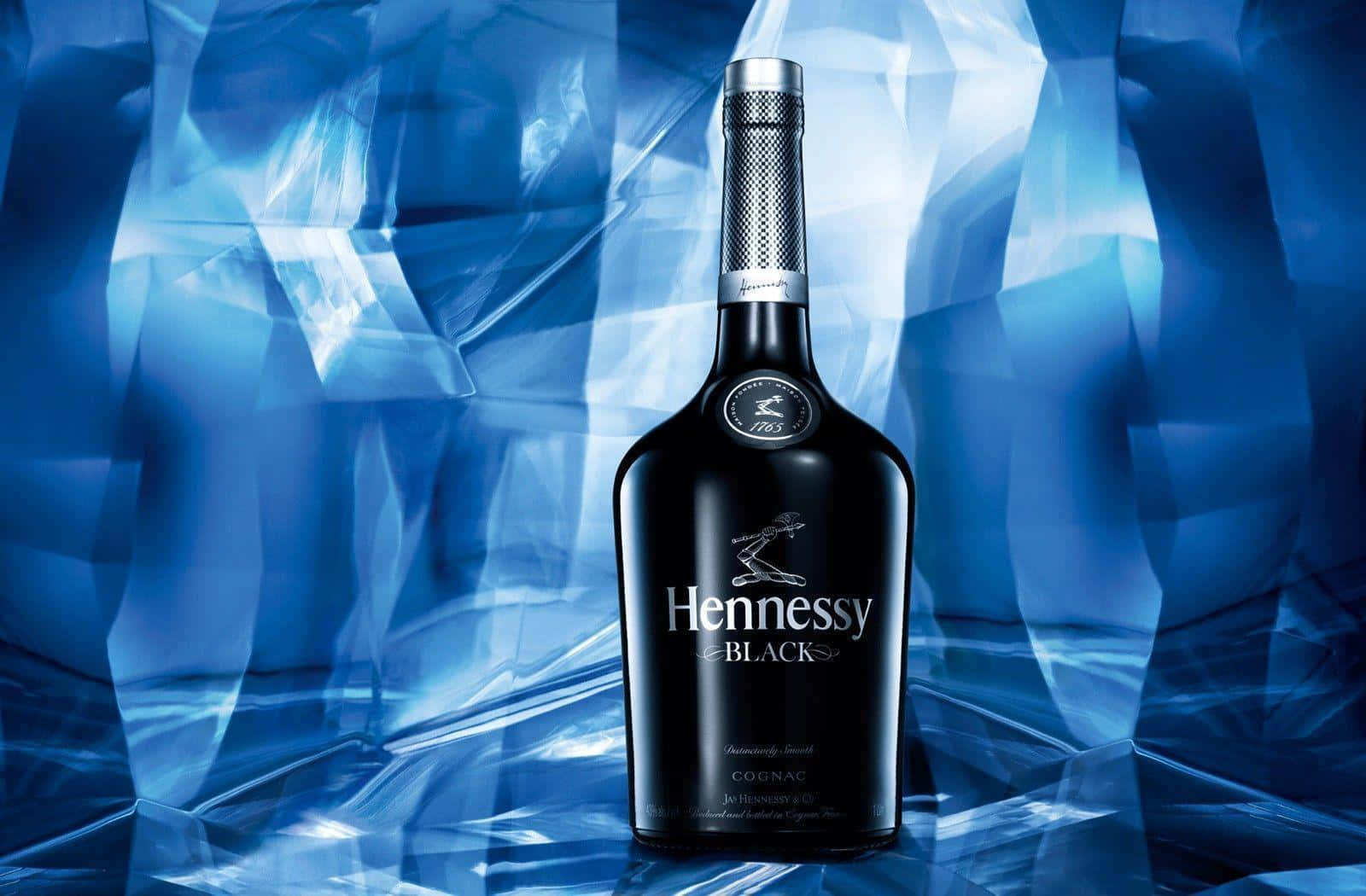Hennessy Black, cognac bottle, blue crystalline background, HD Desktop Wallpaper