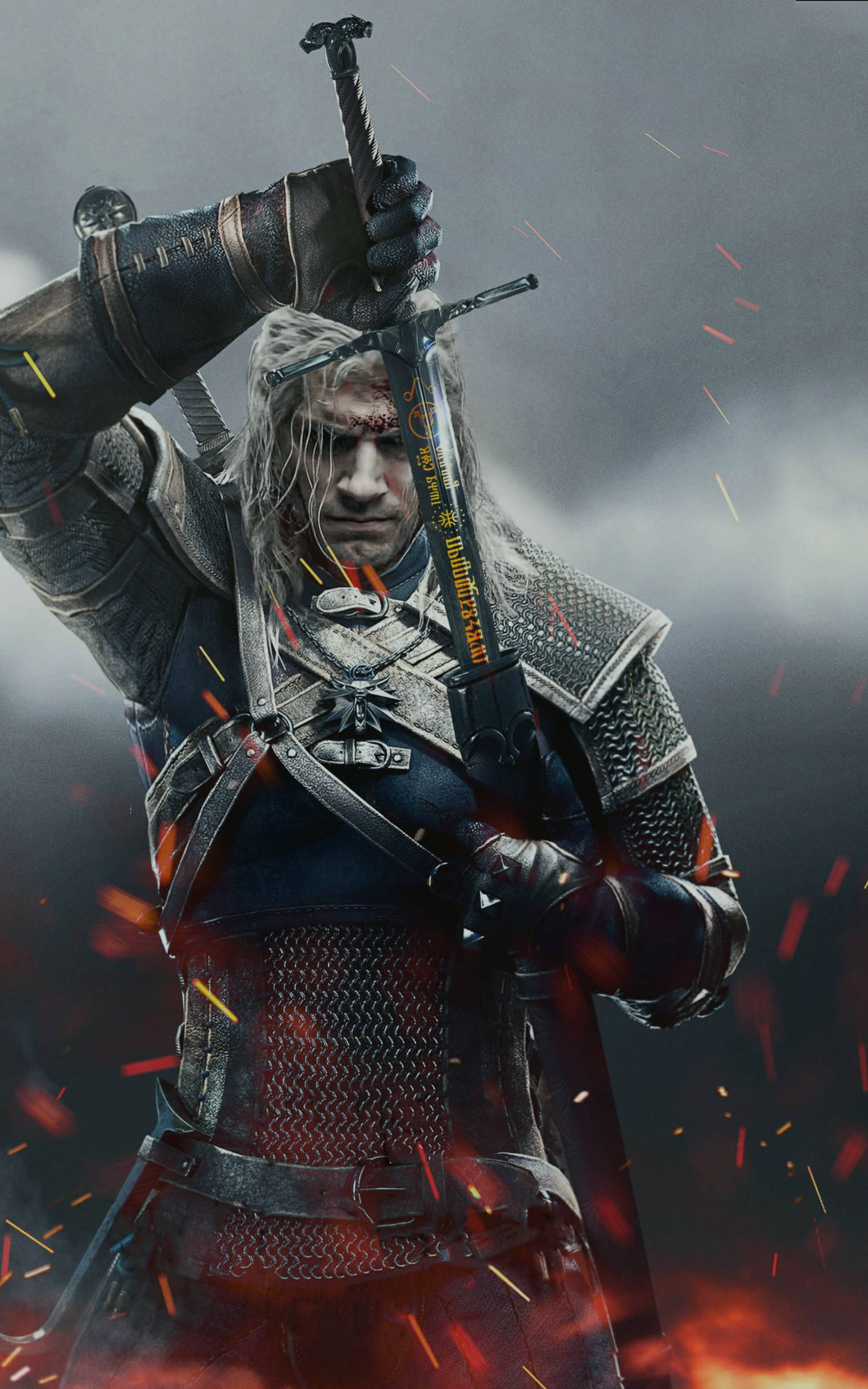 Henry Cavill, sword, white hair, 2K Phone Wallpaper