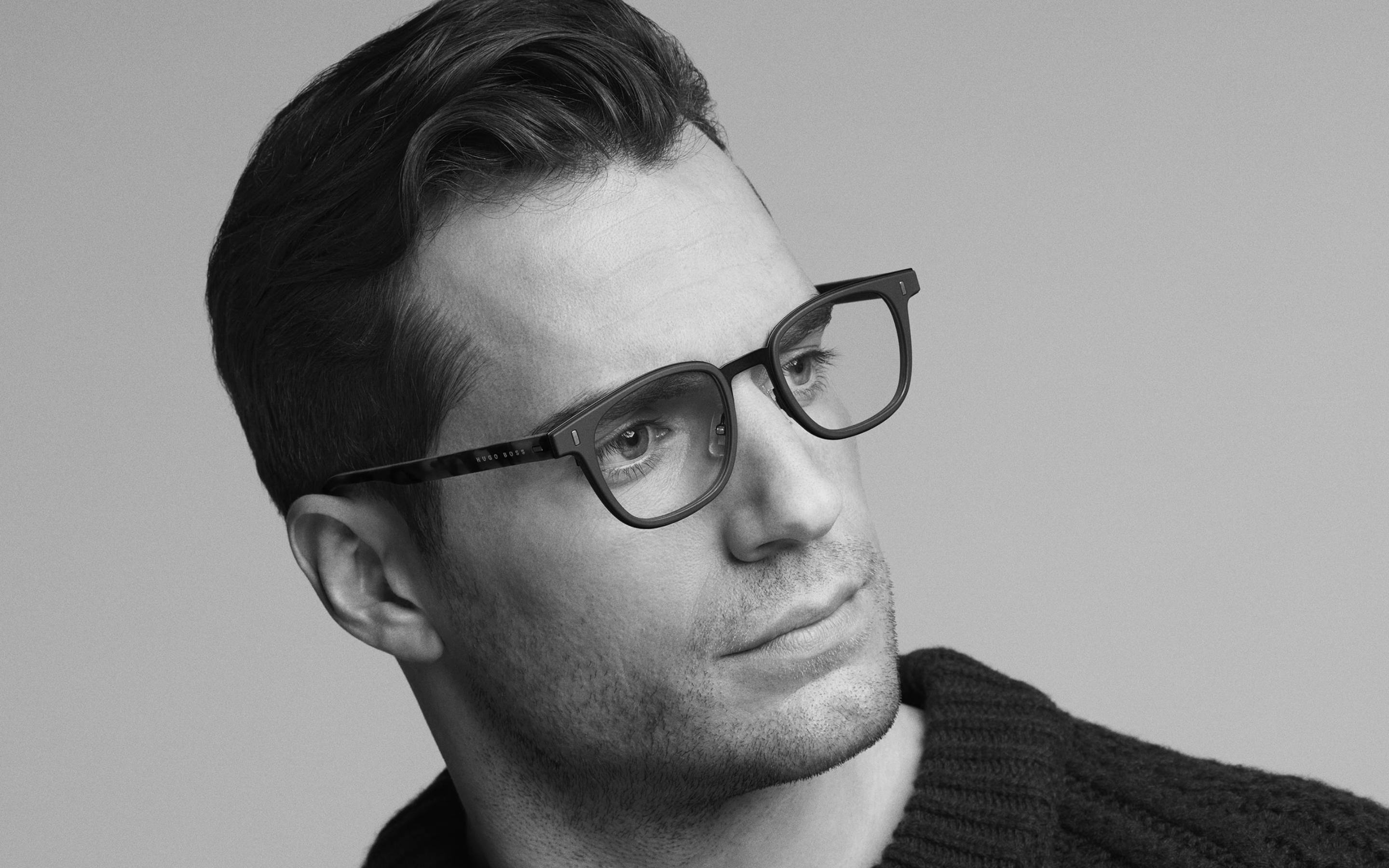 Henry Cavill, black and white portrait, glasses, 2K Desktop Wallpaper