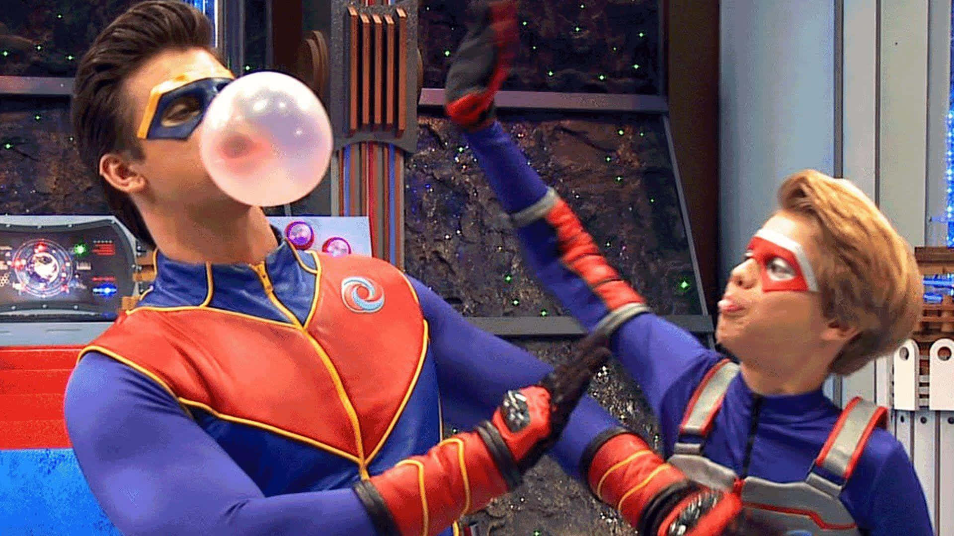 Henry Danger, red blue and yellow suits, giant bubblegum bubble, Full HD Desktop Wallpaper