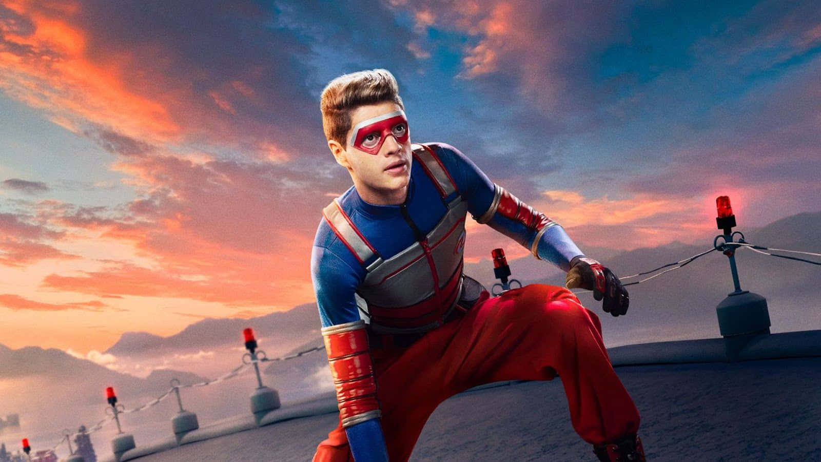 Henry Danger, red blue and silver suit, fiery sunset sky, HD Desktop Wallpaper