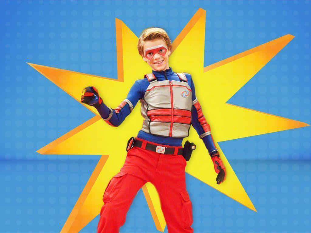 Henry Danger, red blue and silver superhero costume, bright yellow star, SD Desktop Wallpaper