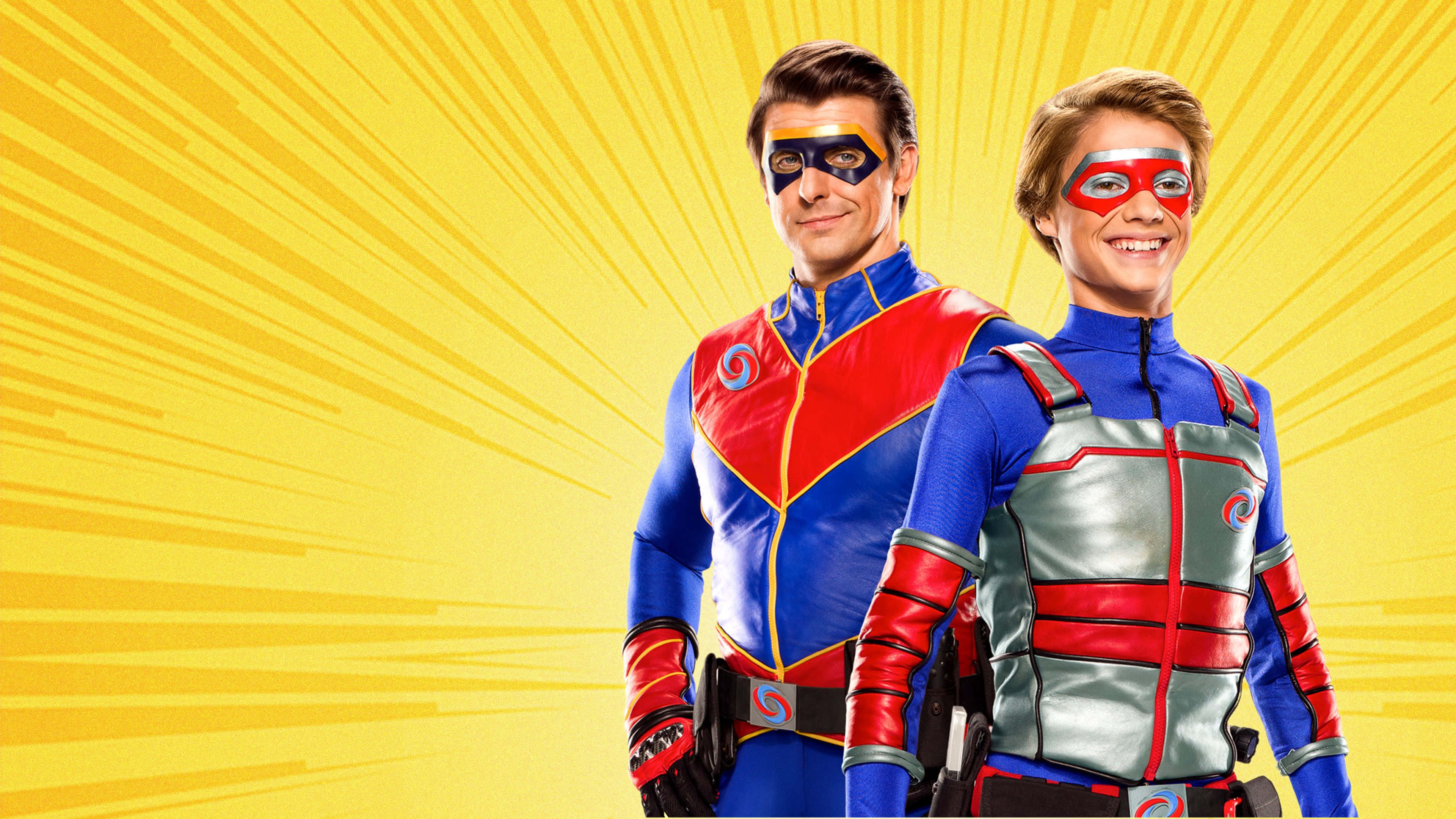 Henry Danger, blue red and silver costumes, bright yellow radiating background, 4K Desktop Wallpaper