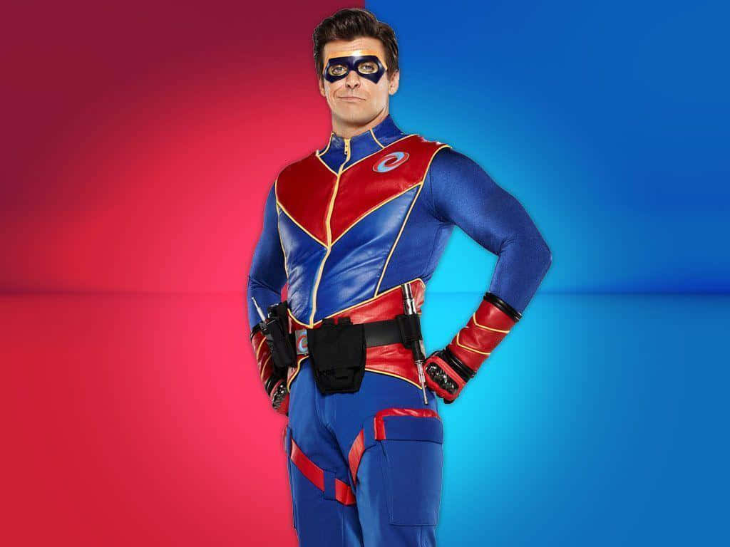 Henry Danger, blue and red suit, vibrant red and blue gradient background, SD Desktop Wallpaper