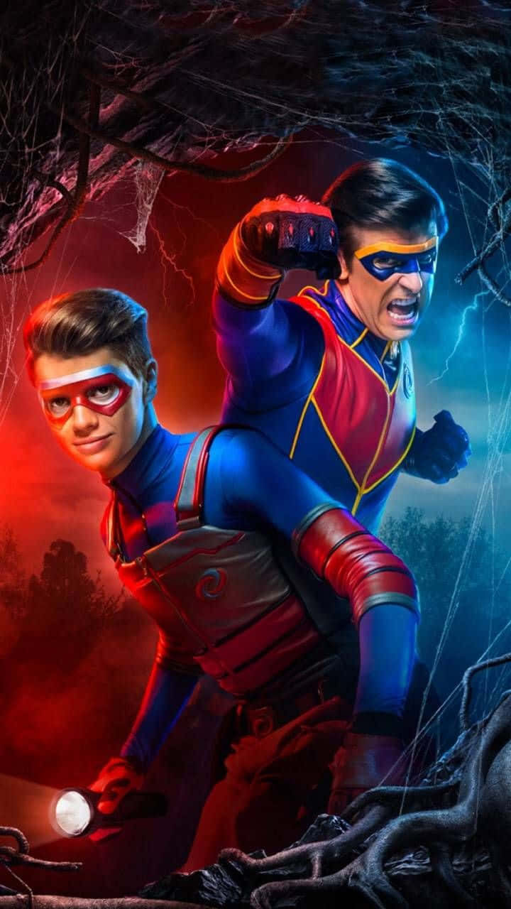 Henry Danger, red blue costumes, dark eerie forest, HD Phone Wallpaper