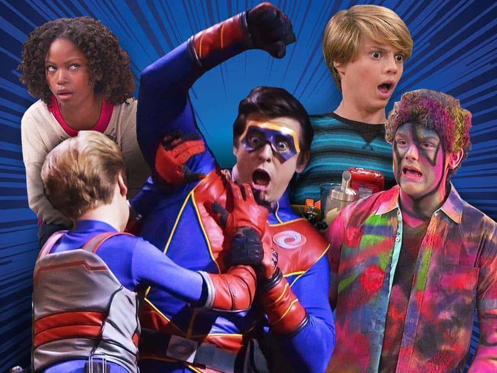 Henry Danger, superhero costumes, blue comic-book style background, SD Desktop Wallpaper