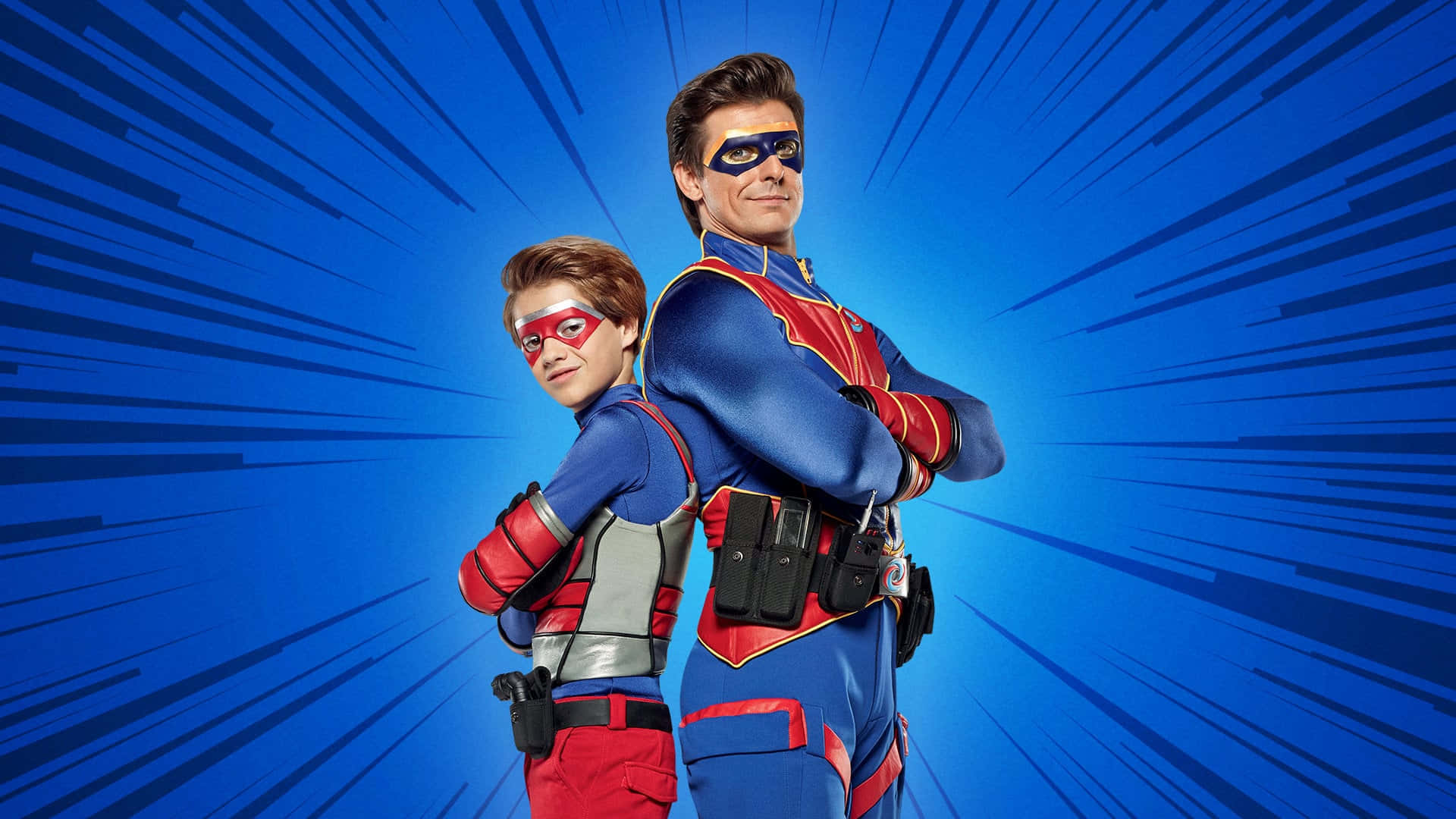 Henry Danger, blue red and silver suits, dynamic blue radial background, Full HD Desktop Wallpaper