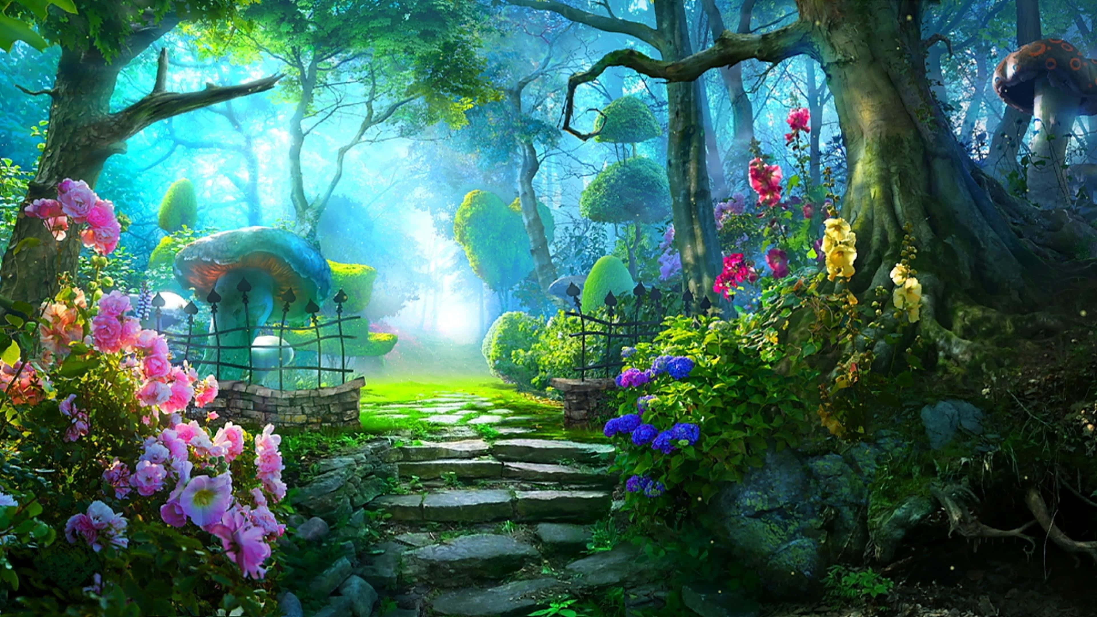 enchanted garden, stone path, lush enchanted forest, 4K Desktop Wallpaper